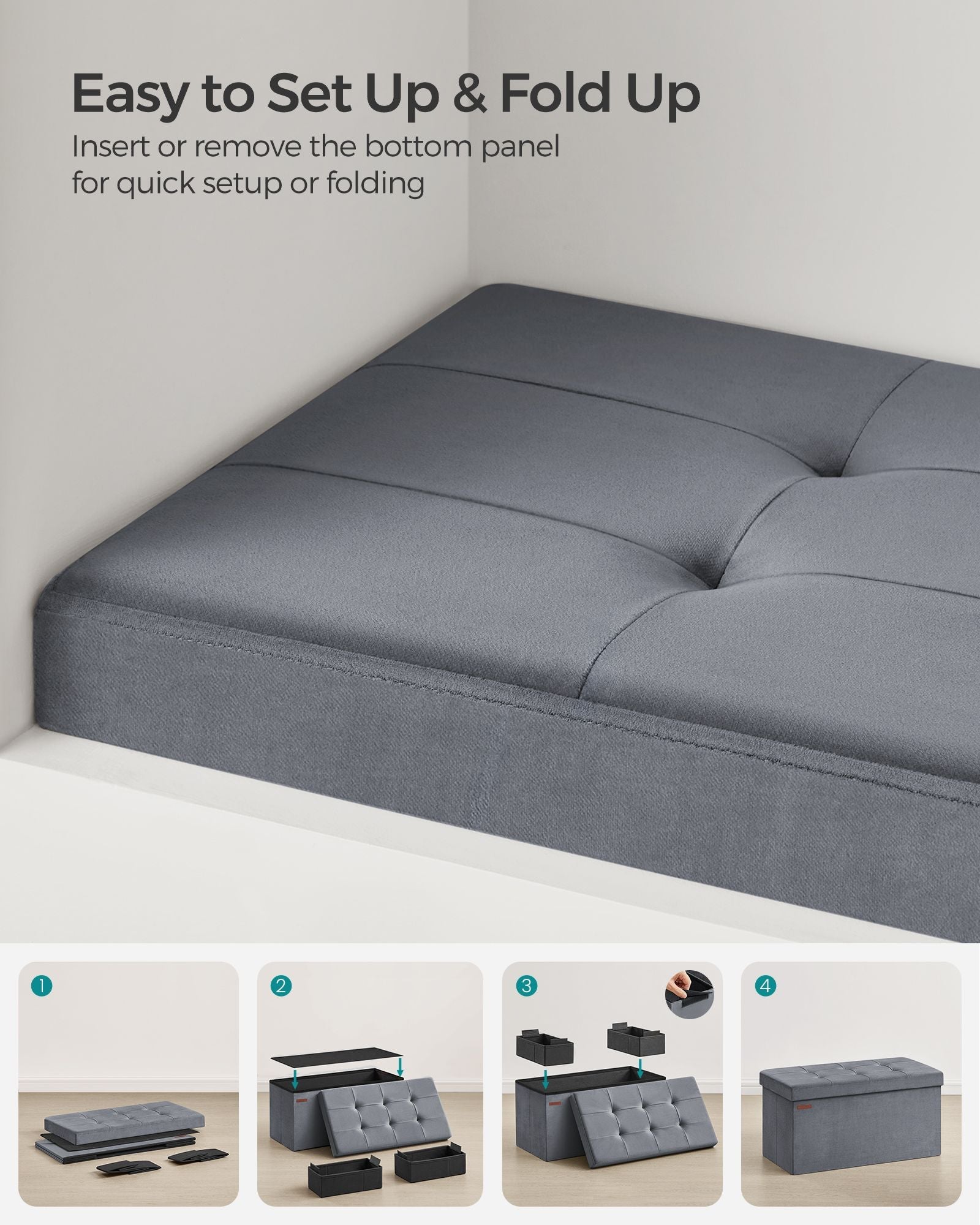 Foldable Storage Ottoman Bench – Velvet – Grey – Includes Extra Storage Boxes