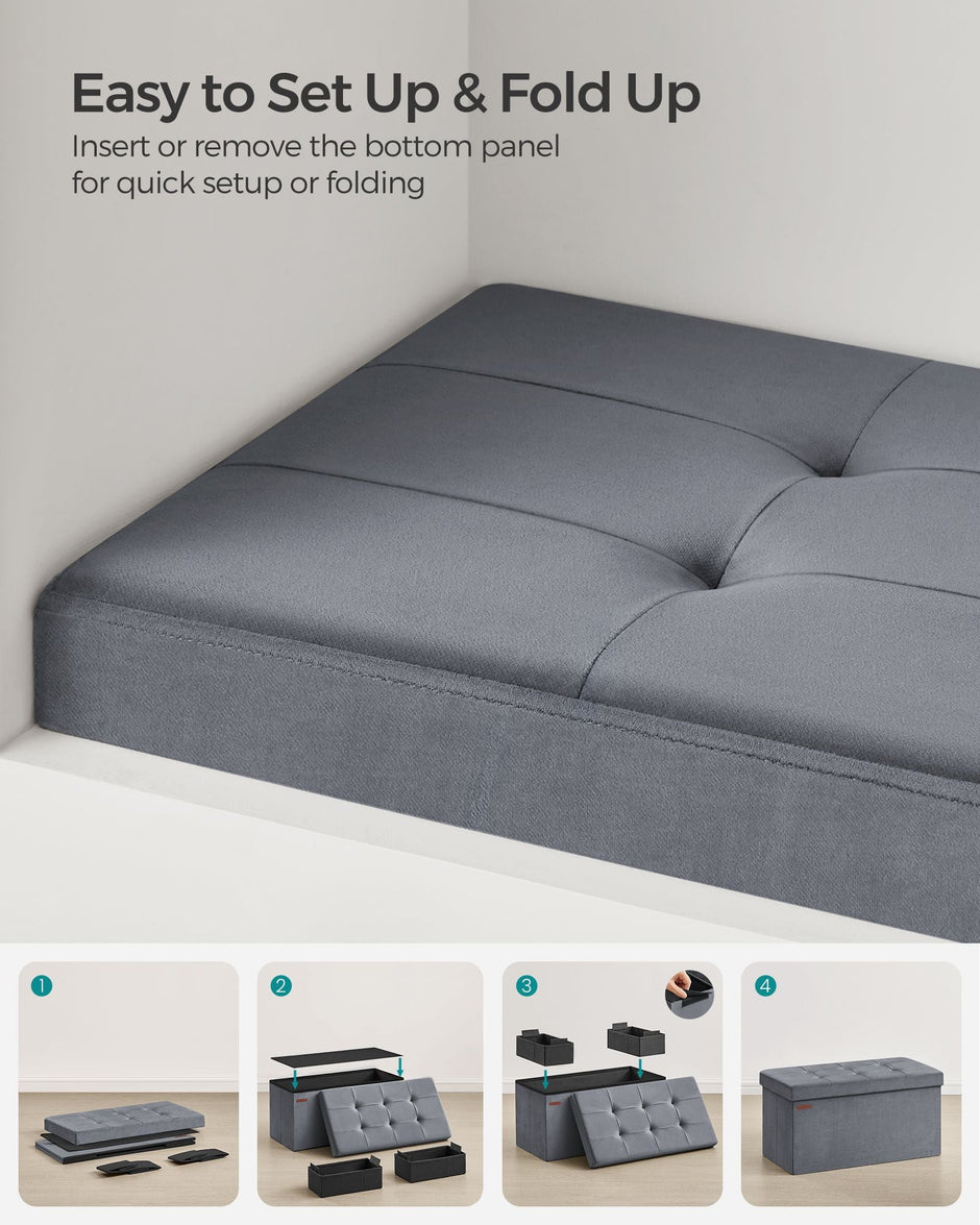 Foldable Storage Ottoman Bench – Velvet – Grey – Includes Extra Storage Boxes
