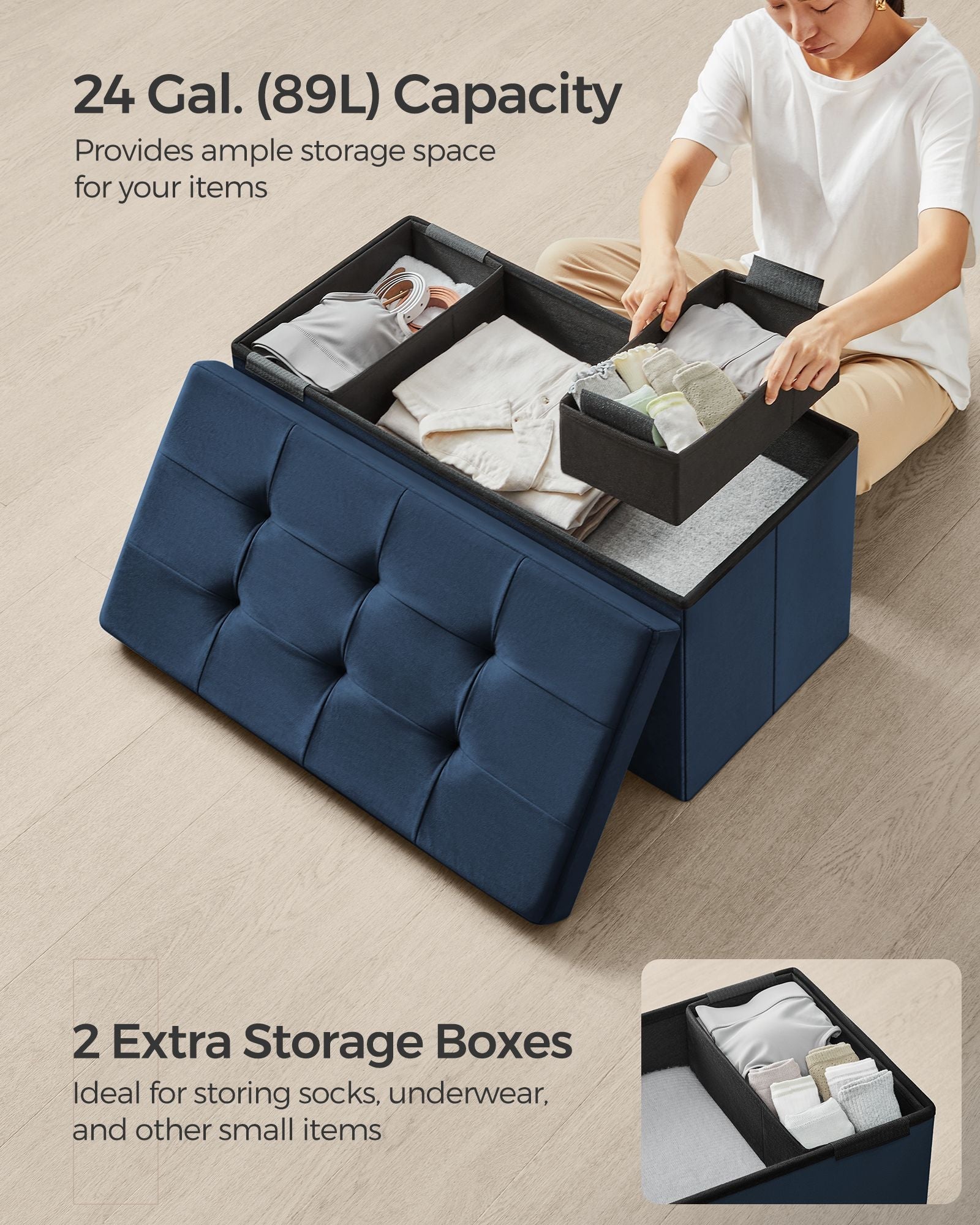 Foldable Storage Ottoman – Velvet – Midnight Blue – Includes Extra Storage Boxes