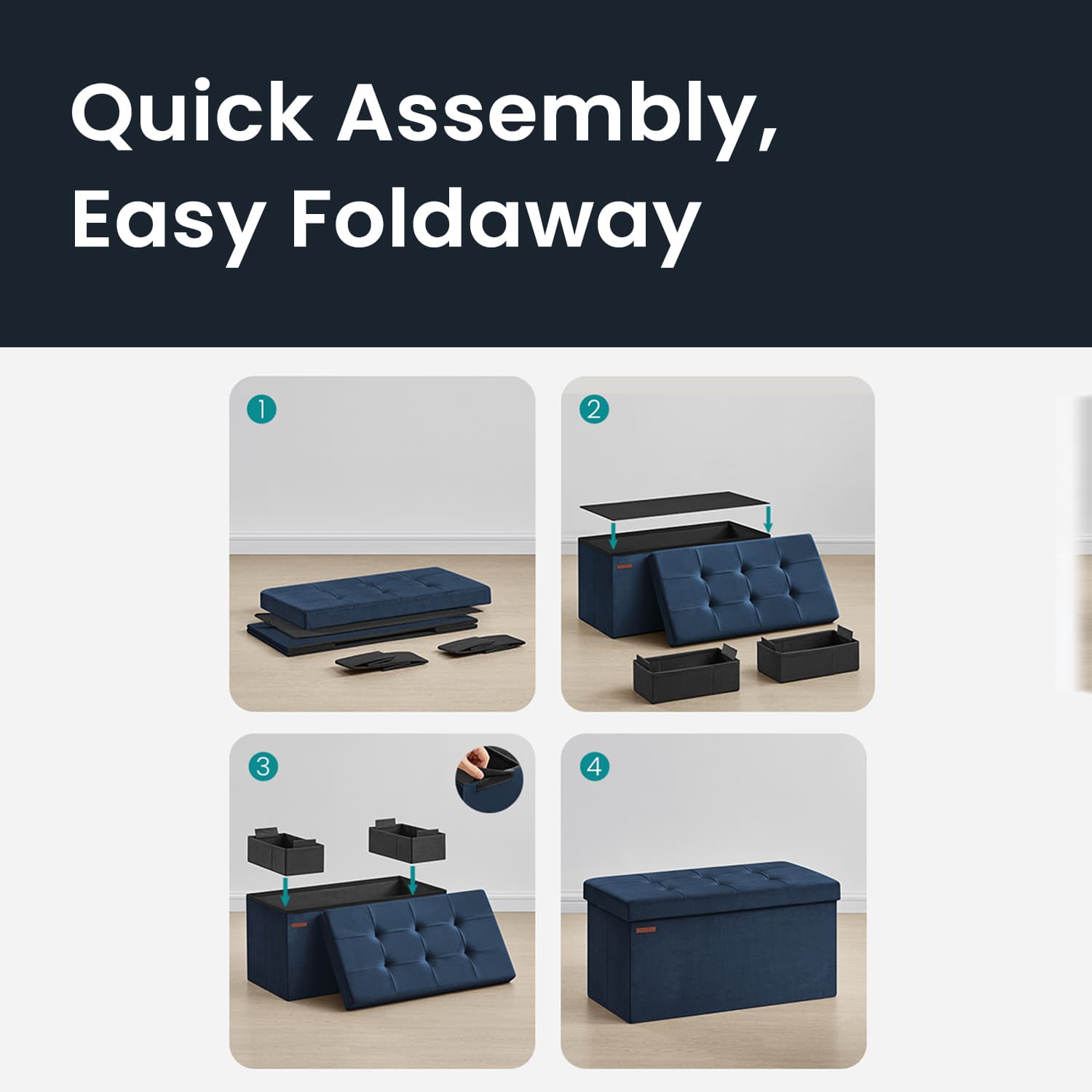 Foldable Storage Ottoman – Velvet – Slate Grey – Includes 2 Extra Storage Boxes