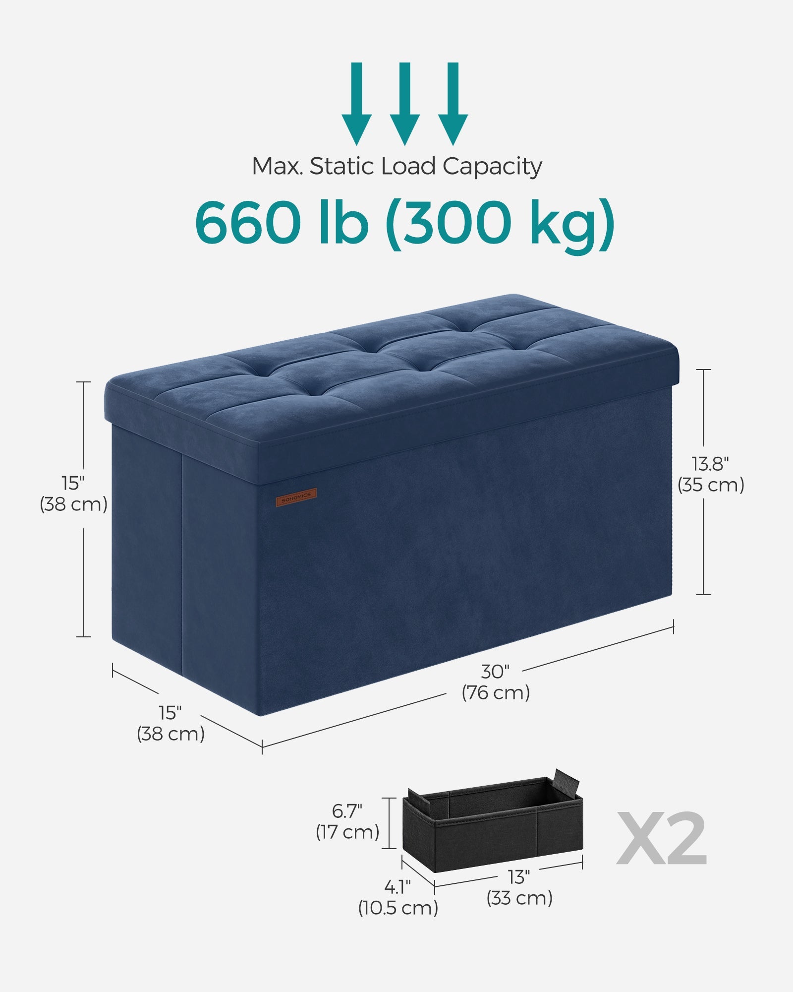 Foldable Storage Ottoman – Velvet – Midnight Blue – Includes Extra Storage Boxes