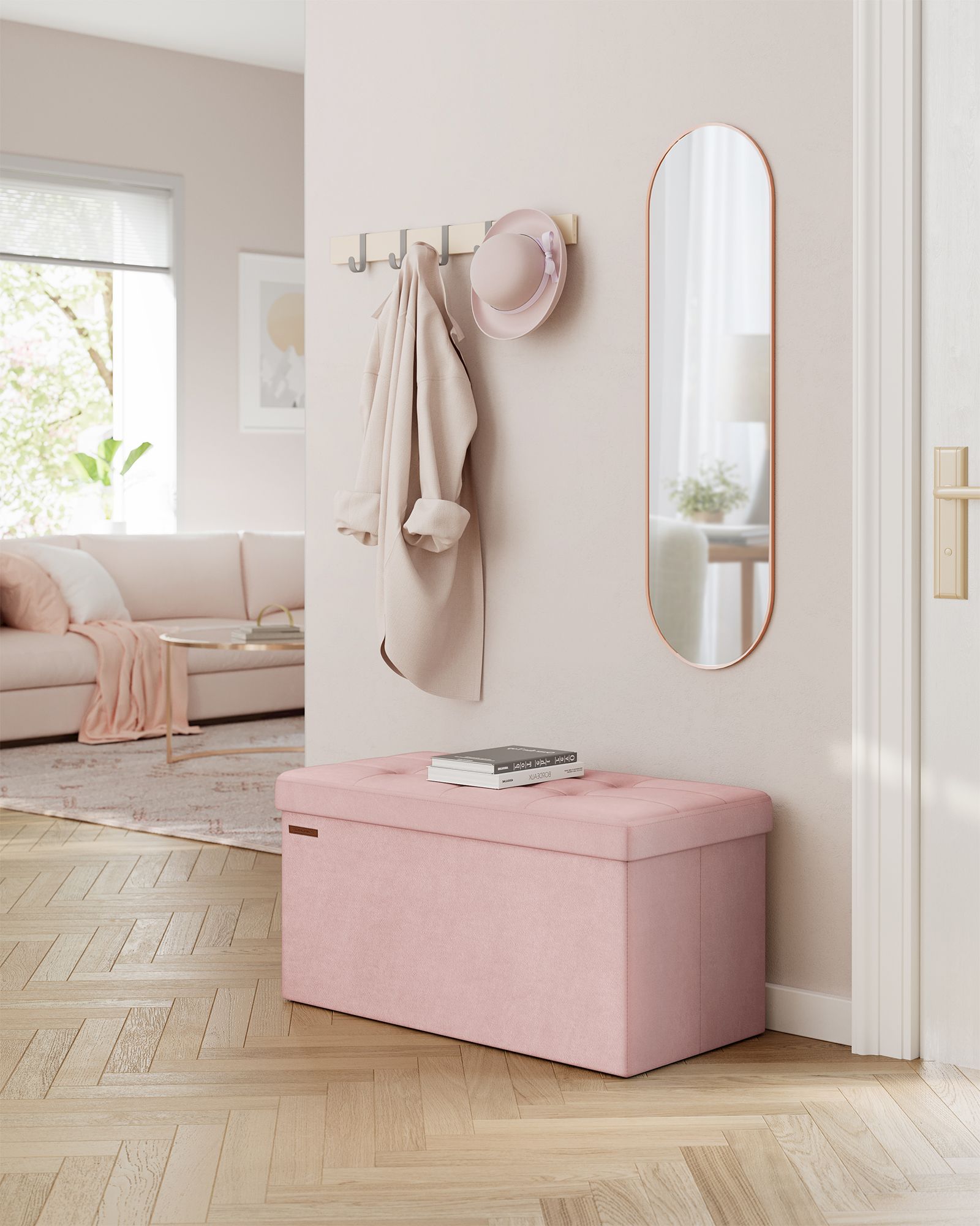 Foldable Storage Ottoman Bench – Velvet – Jelly Pink – Includes 2 Extra Storage Boxes