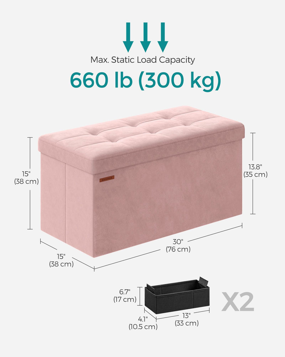 Foldable Storage Ottoman Bench – Velvet – Jelly Pink – Includes 2 Extra Storage Boxes
