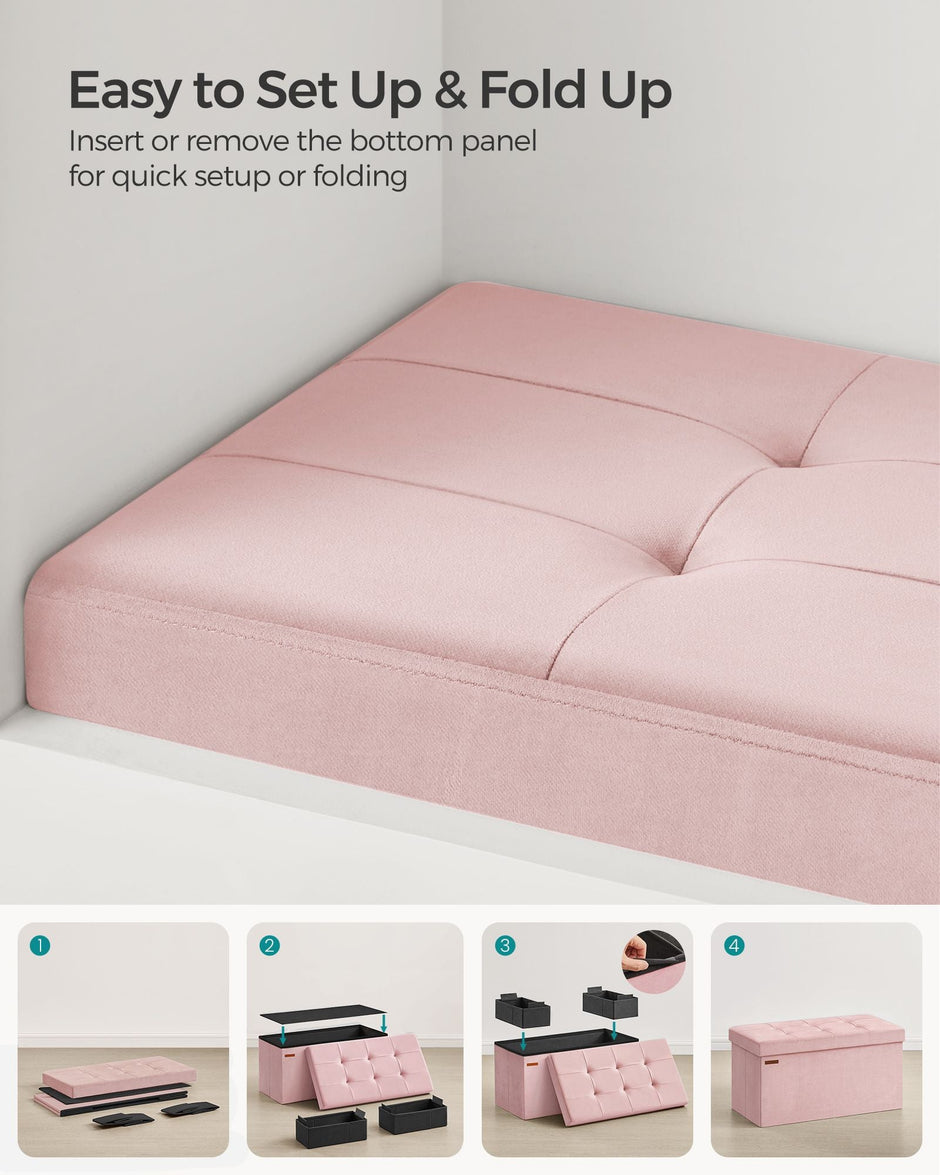Foldable Storage Ottoman Bench – Velvet – Jelly Pink – Includes 2 Extra Storage Boxes