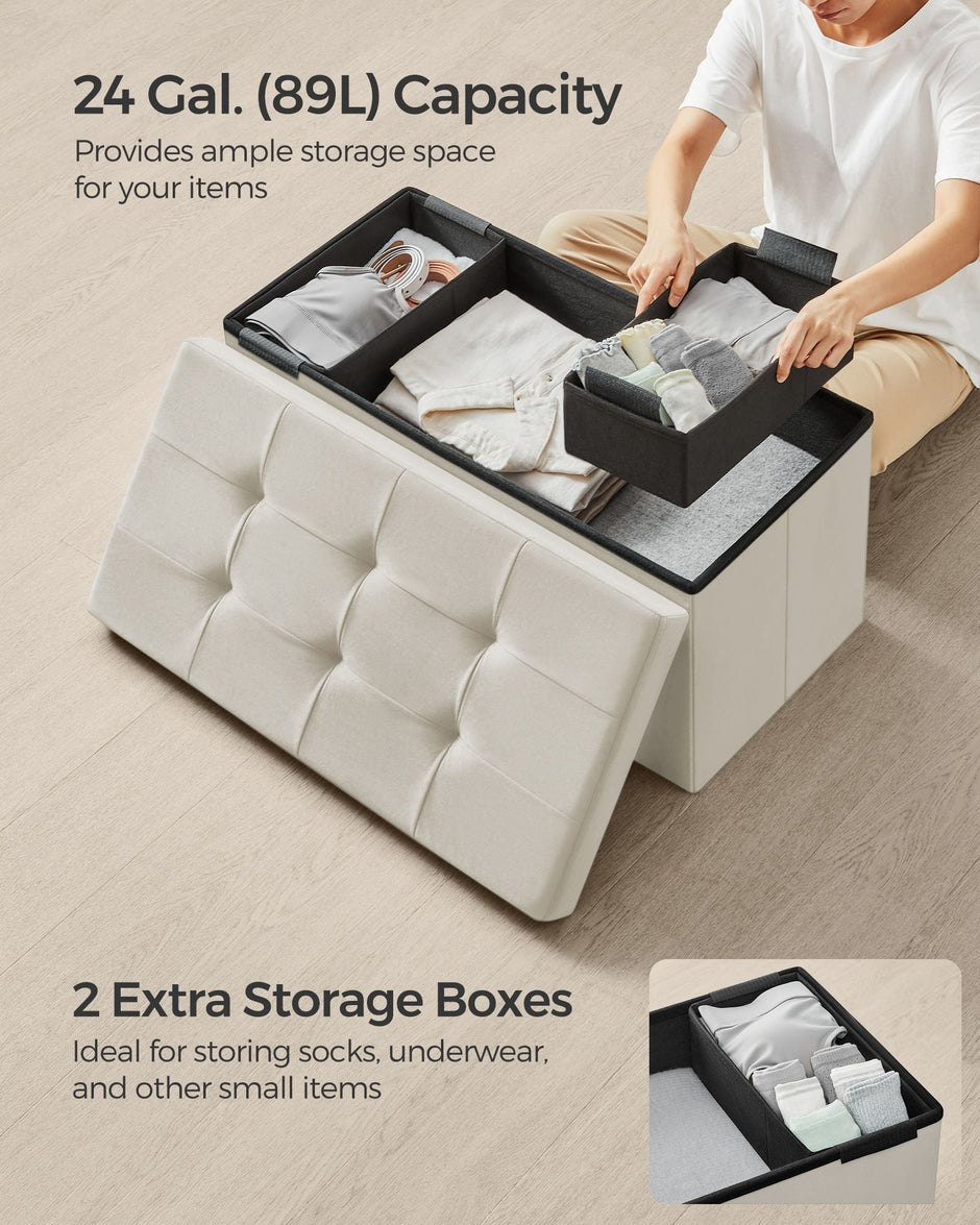 Foldable Ottoman – Velvet – Gray – Multi-functional Storage Bench with Extra Storage Boxes