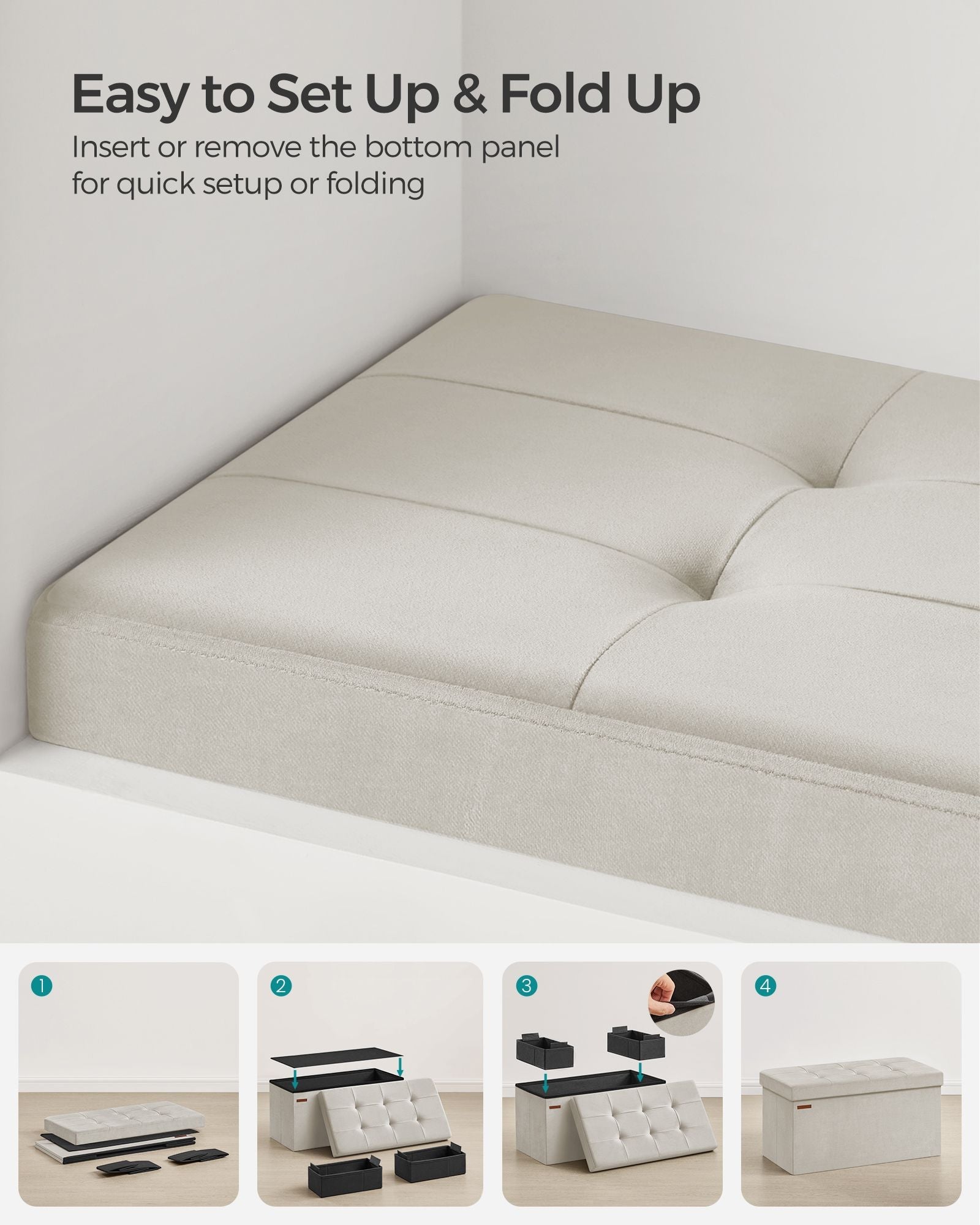 Foldable Ottoman – Velvet – Gray – Multi-functional Storage Bench with Extra Storage Boxes