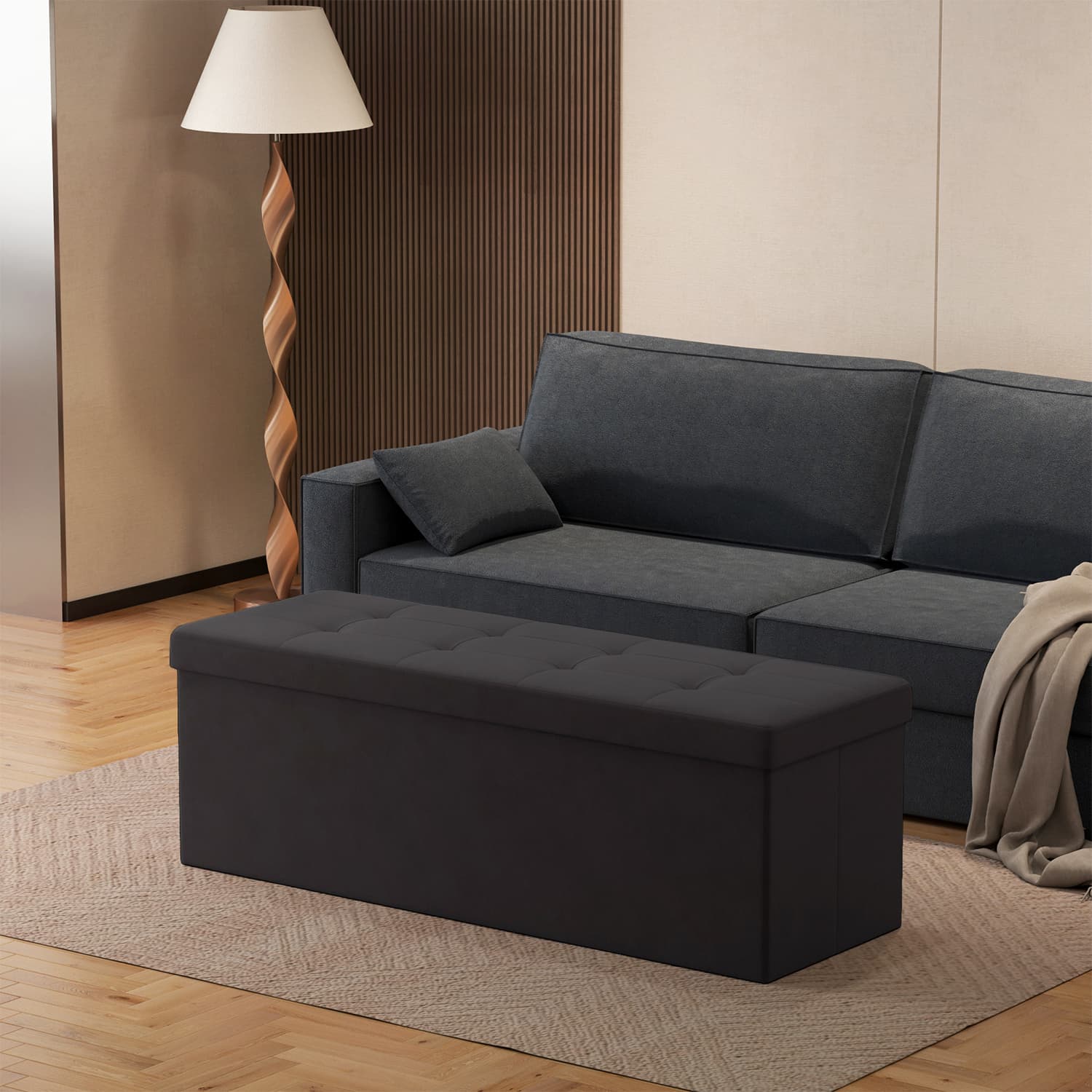 Foldable Storage Ottoman – Velvet – Slate Grey – Includes 2 Extra Storage Boxes