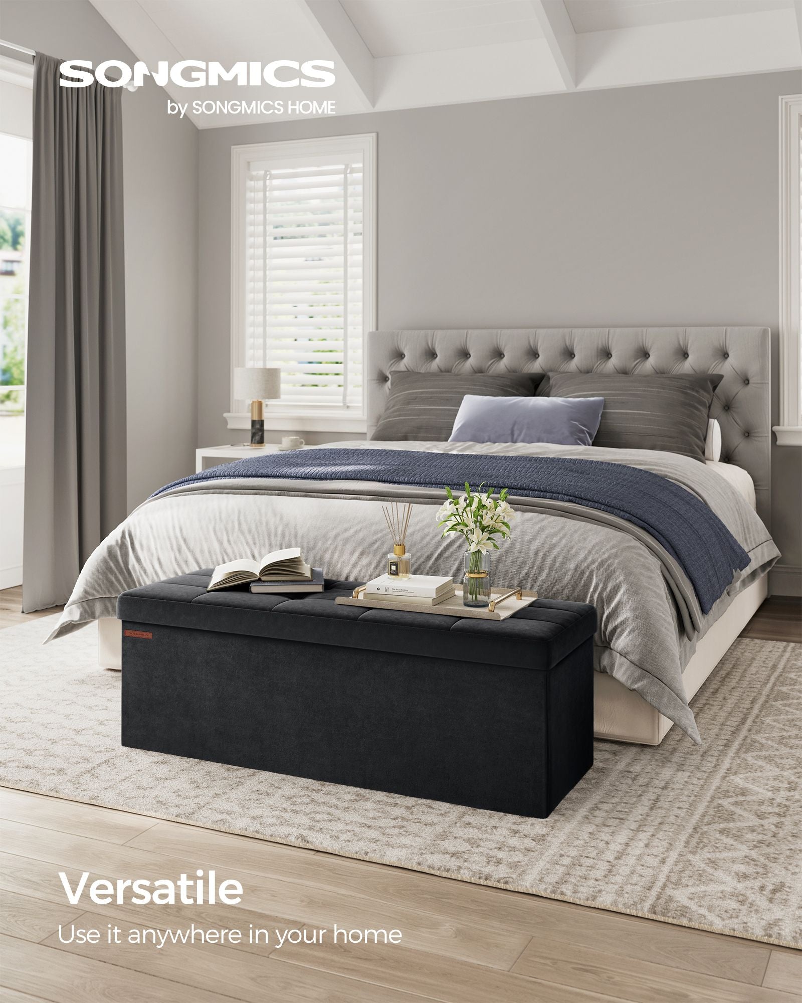 Foldable Storage Ottoman – Velvet – Ink Black – Includes 2 Extra Storage Boxes