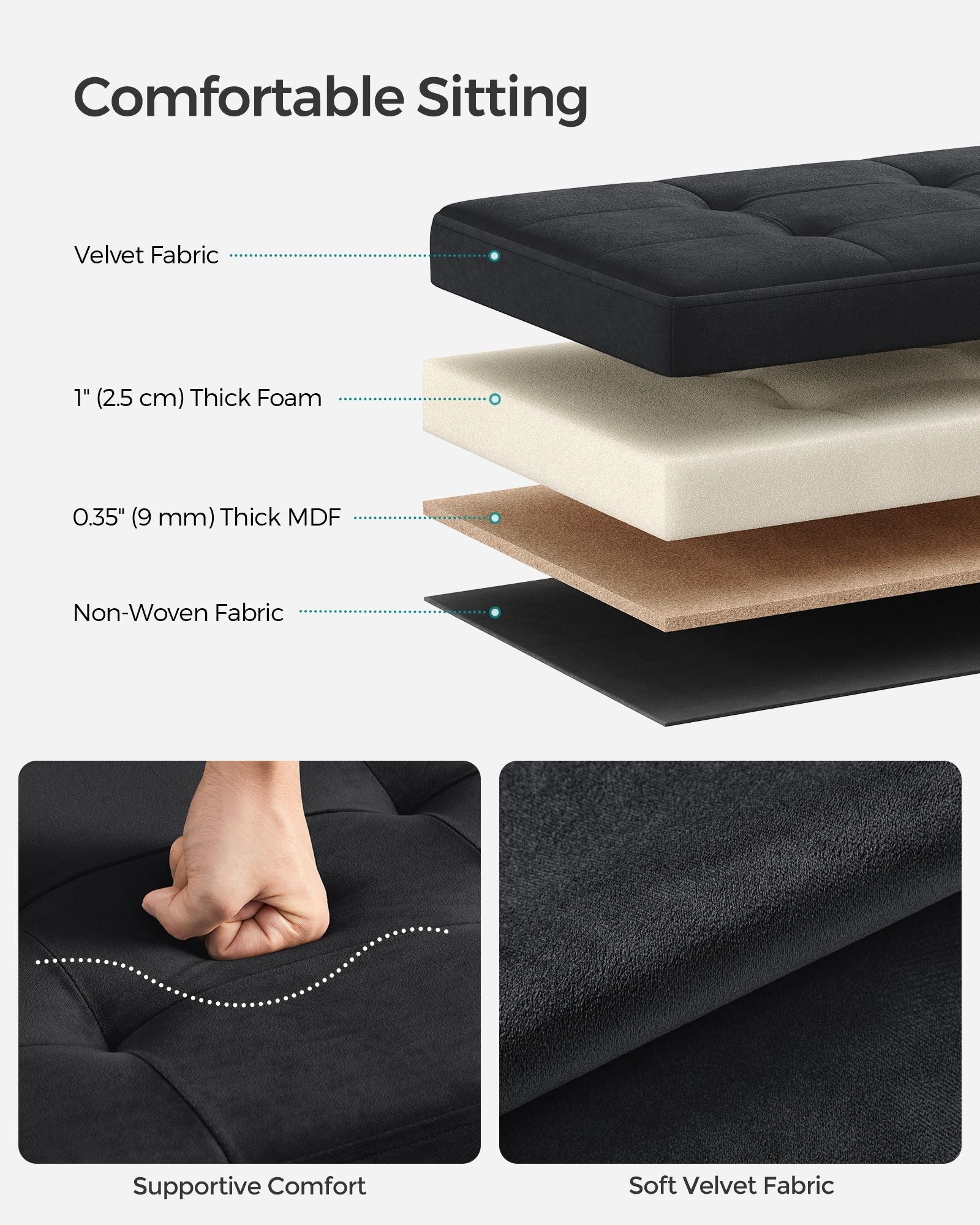 Foldable Storage Ottoman – Velvet – Ink Black – Includes 2 Extra Storage Boxes