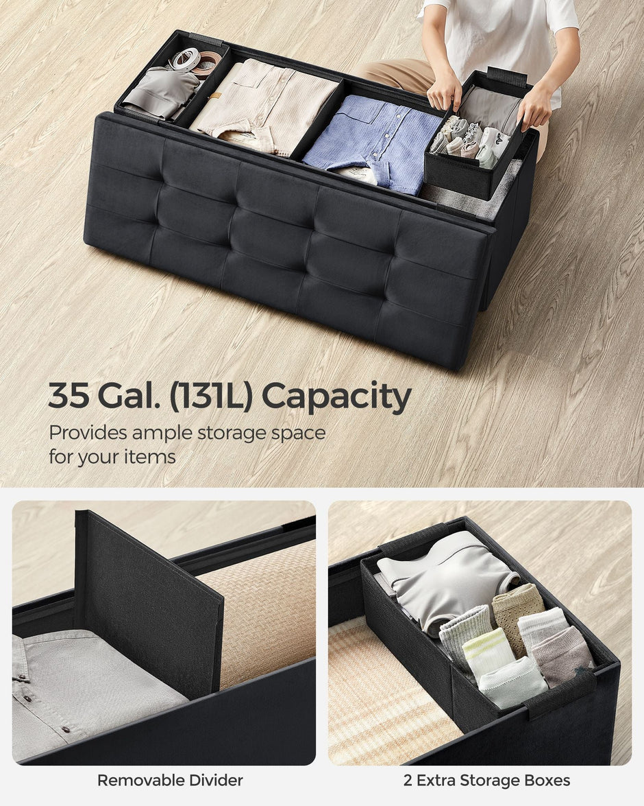 Foldable Storage Ottoman – Velvet – Ink Black – Includes 2 Extra Storage Boxes
