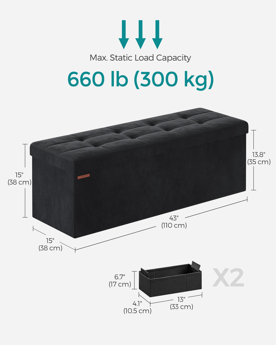Foldable Storage Ottoman – Velvet – Ink Black – Includes 2 Extra Storage Boxes