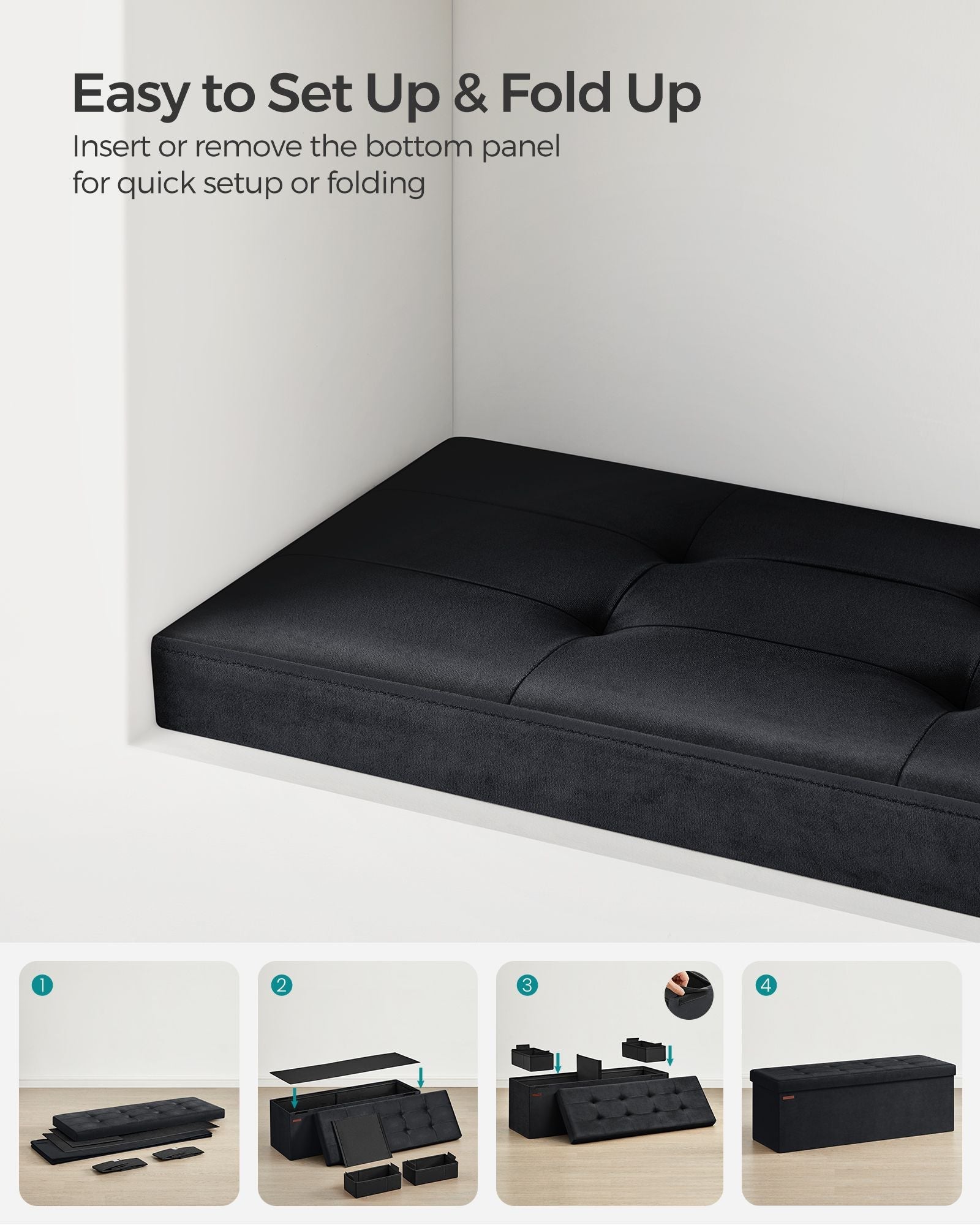 Foldable Storage Ottoman – Velvet – Ink Black – Includes 2 Extra Storage Boxes