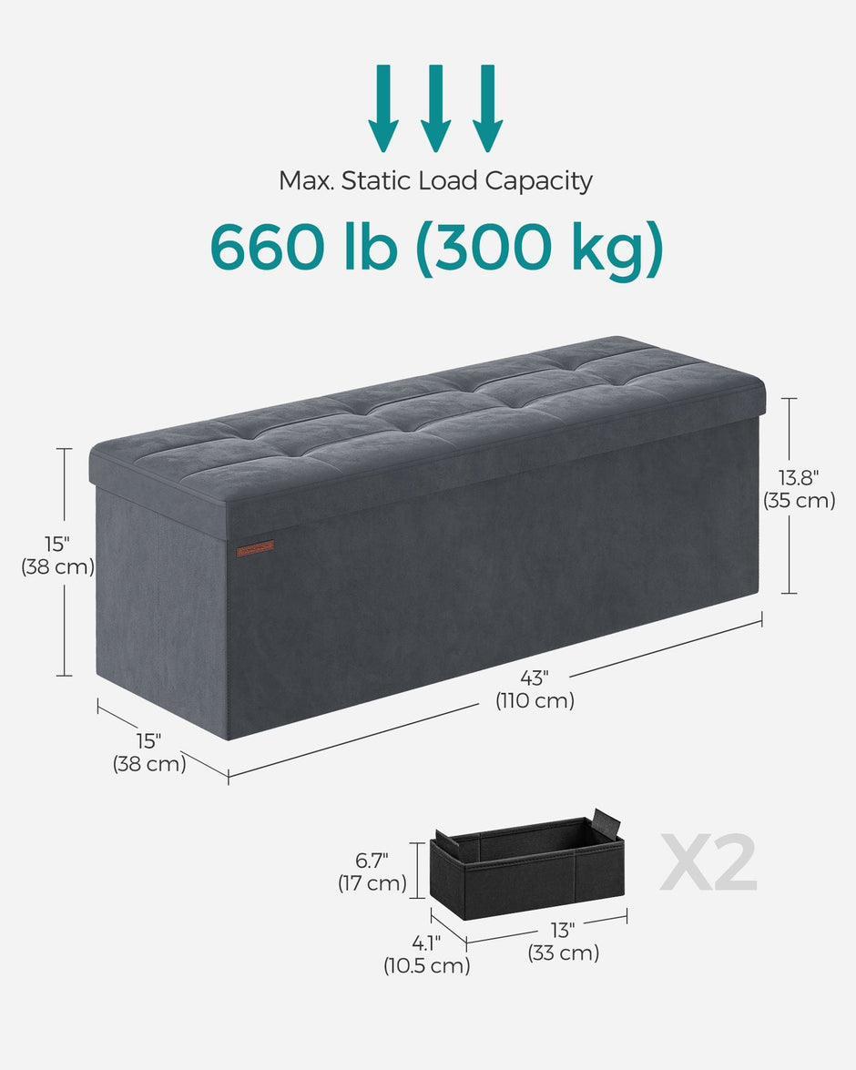Foldable Storage Ottoman – Velvet – Slate Grey – Load Capacity 300 kg, Includes 2 Extra Storage Boxes