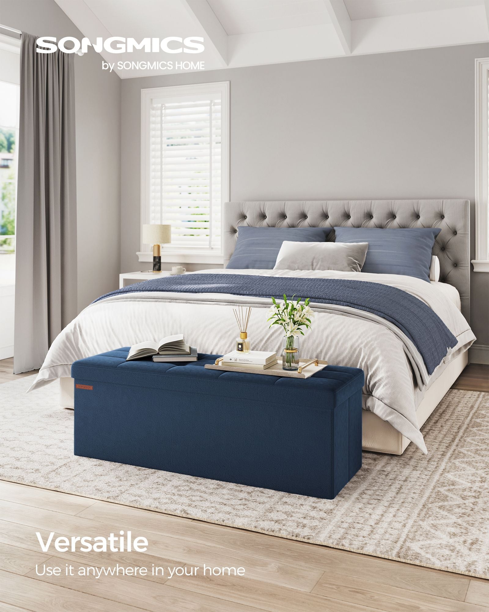 Foldable Storage Ottoman – Velvet – Midnight Blue – Includes 2 Extra Storage Boxes, 300 kg Load Capacity