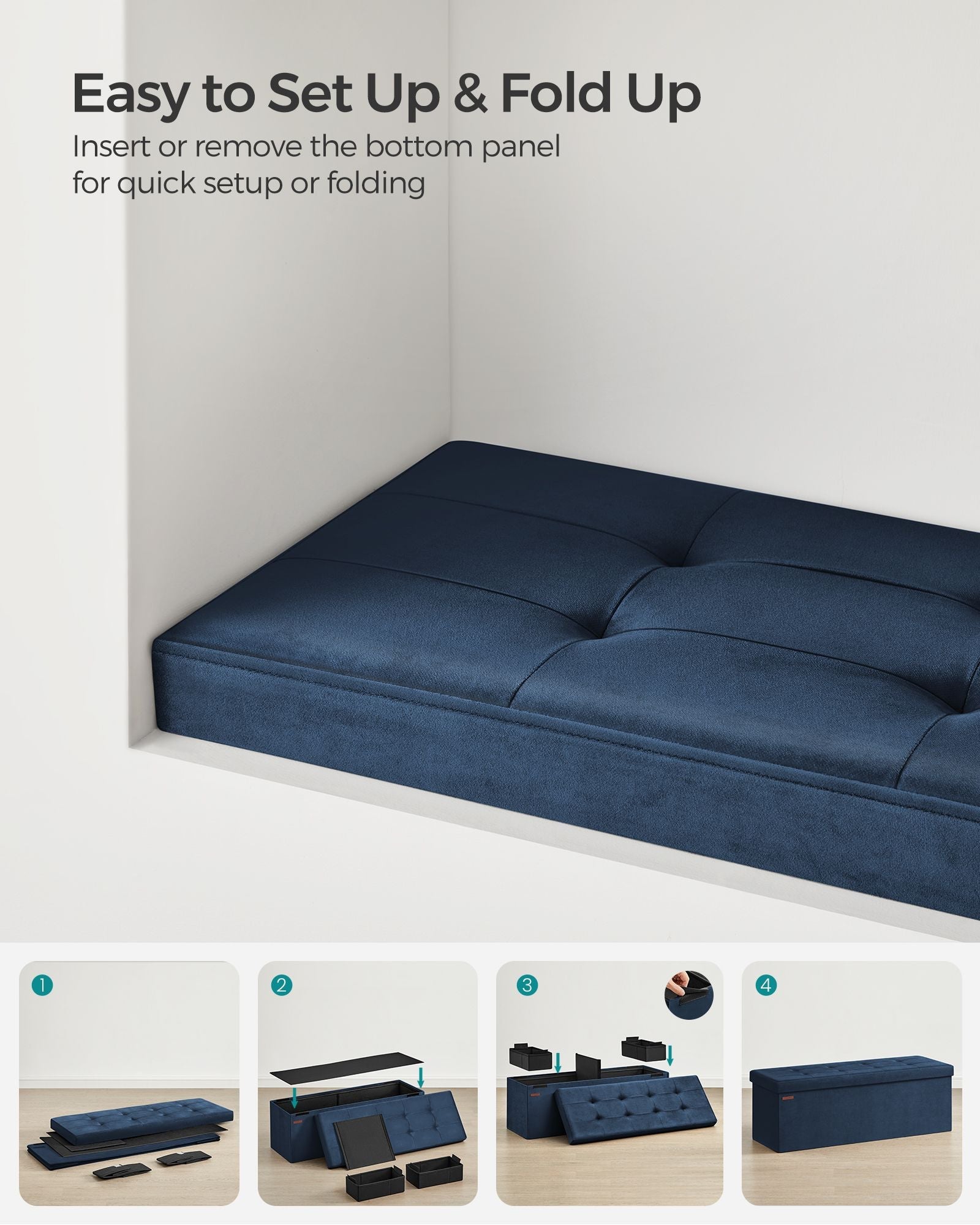 Foldable Storage Ottoman – Velvet – Midnight Blue – Includes 2 Extra Storage Boxes, 300 kg Load Capacity
