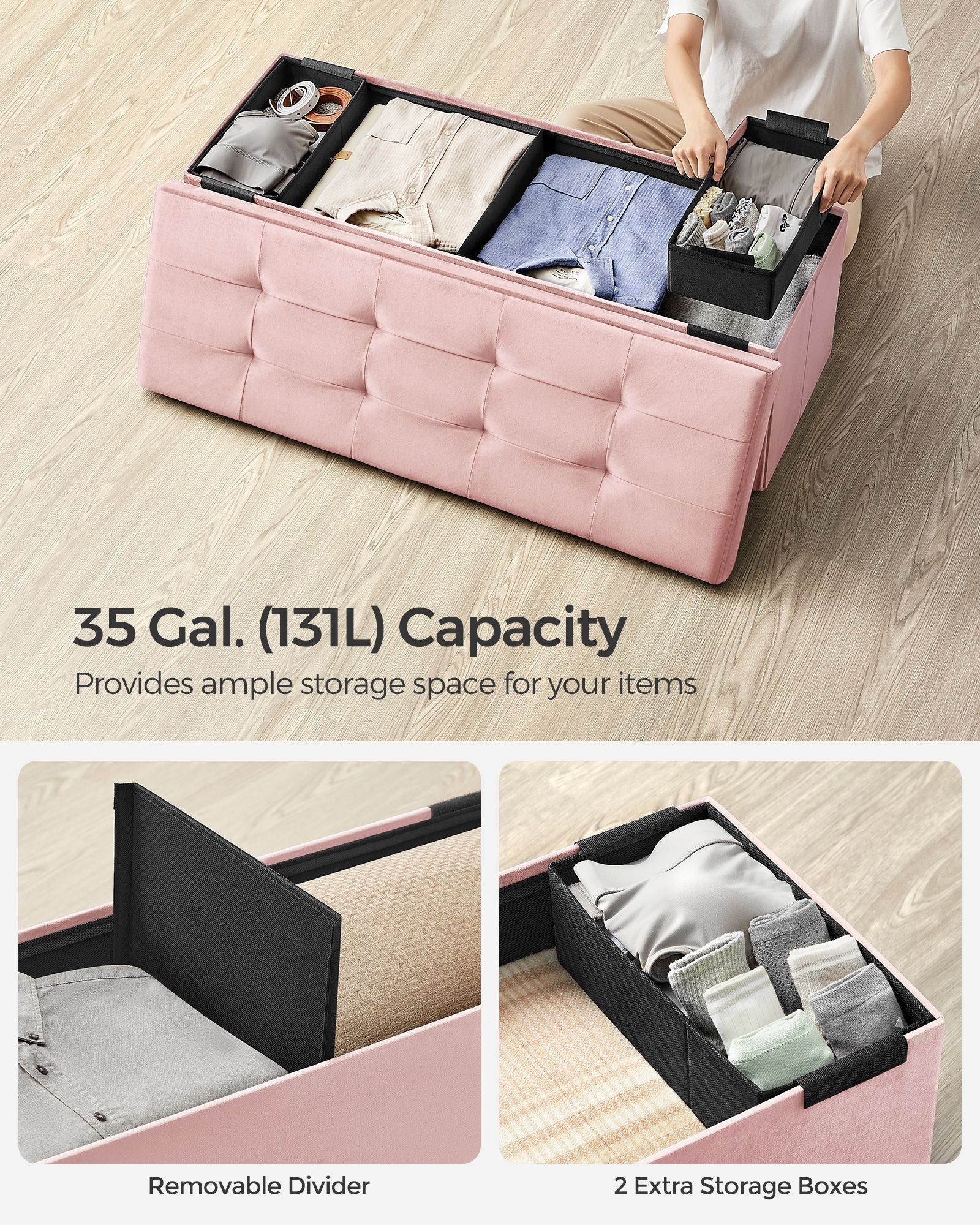 Foldable Storage Ottoman – Velvet – Jelly Pink – 300 kg Load Capacity, Includes 2 Extra Storage Boxes