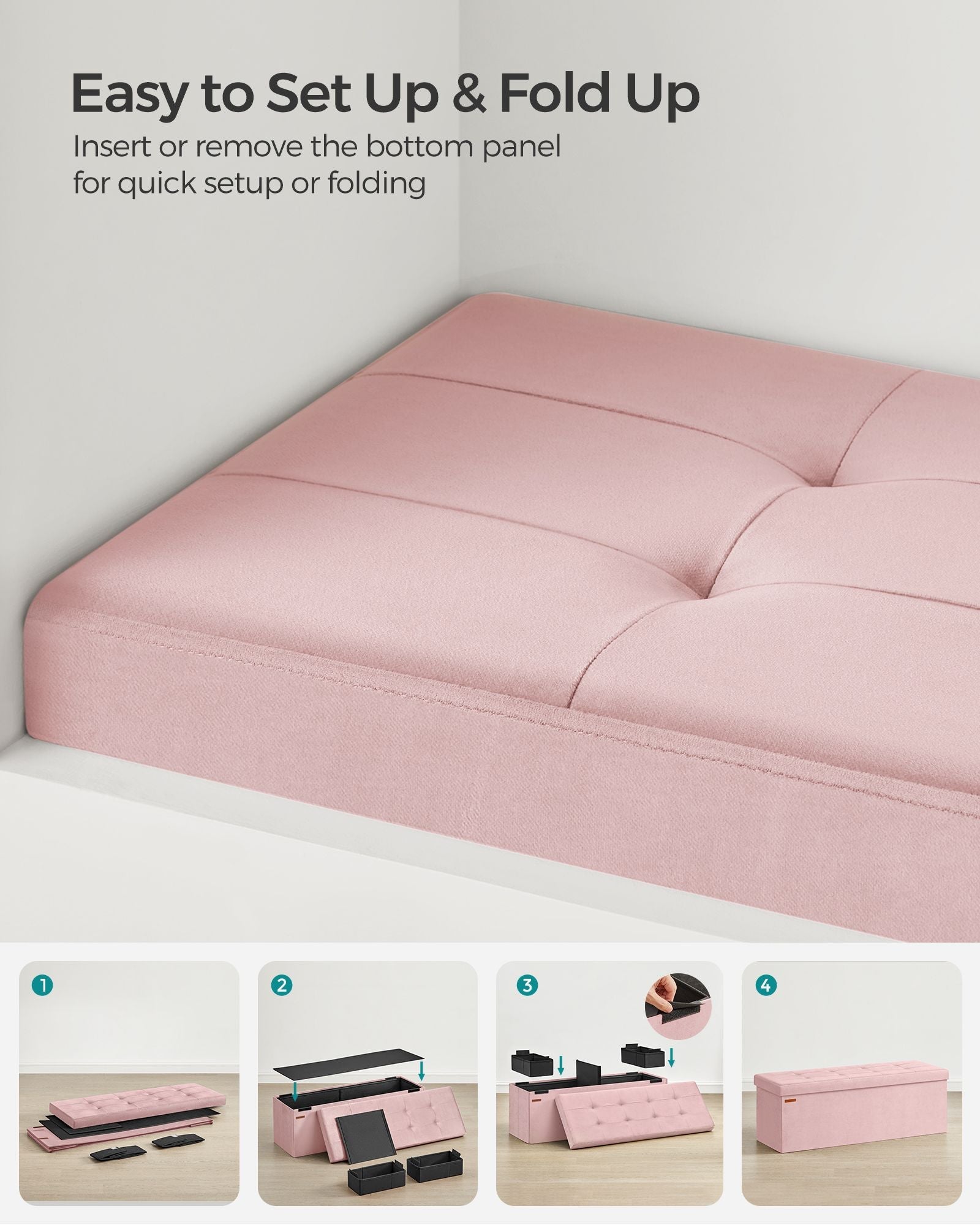 Foldable Storage Ottoman – Velvet – Jelly Pink – 300 kg Load Capacity, Includes 2 Extra Storage Boxes