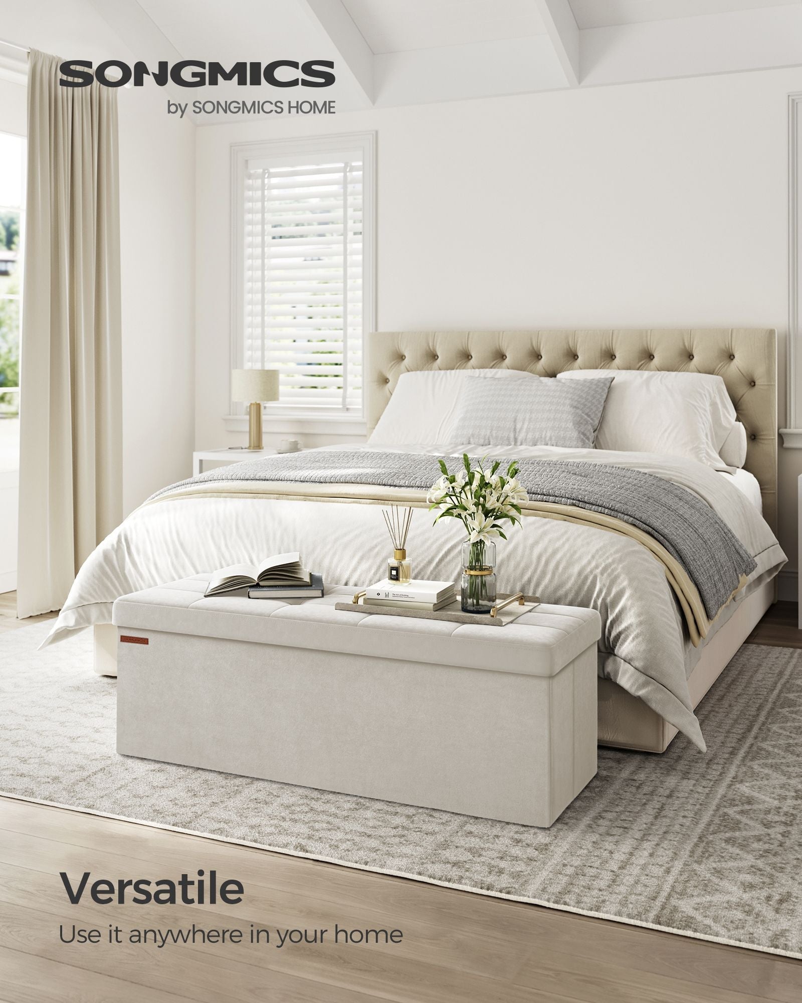 Foldable Storage Ottoman Bench – Velvet – Cream White – Includes Extra Storage Boxes