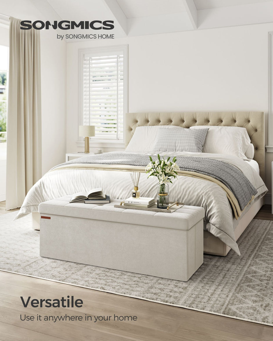 Foldable Storage Ottoman Bench – Velvet – Cream White – Includes Extra Storage Boxes