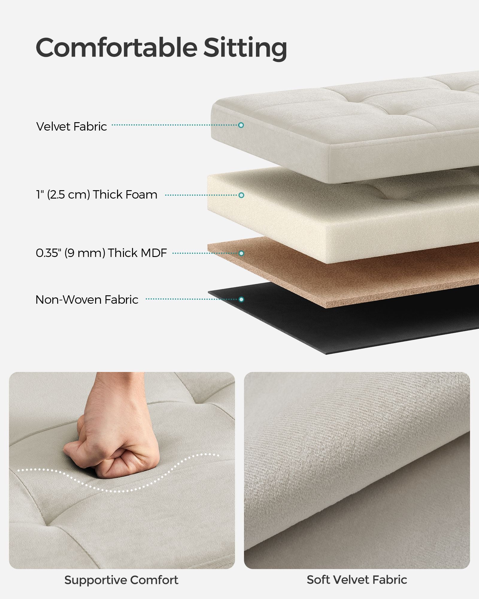 Foldable Storage Ottoman Bench – Velvet – Cream White – Includes Extra Storage Boxes