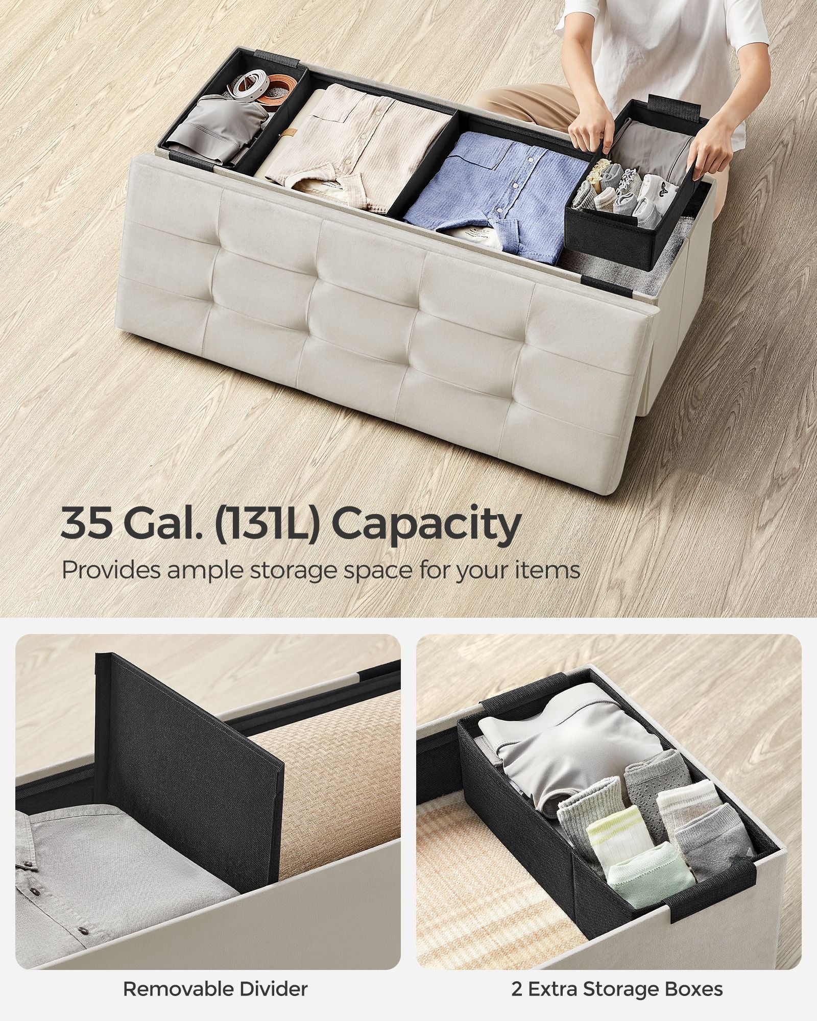 Foldable Storage Ottoman Bench – Velvet – Cream White – Includes Extra Storage Boxes