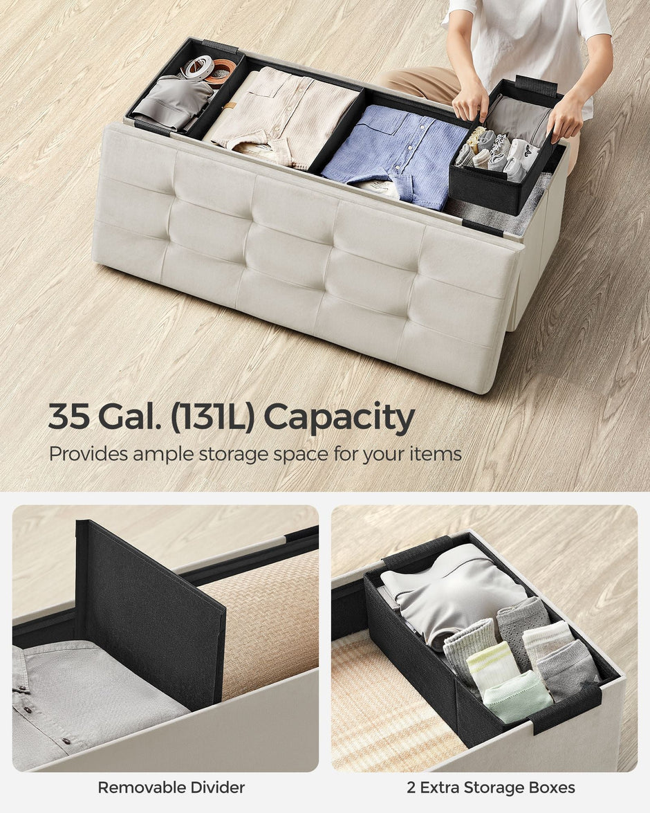 Foldable Storage Ottoman Bench – Velvet – Cream White – Includes Extra Storage Boxes