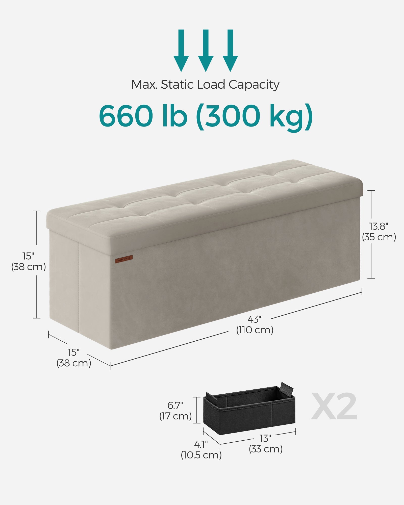 Foldable Storage Ottoman Bench – Velvet – Cream White – Includes Extra Storage Boxes