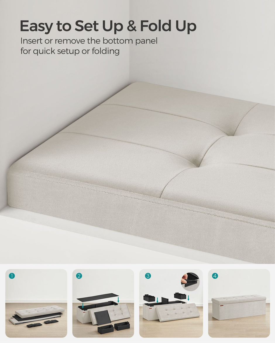Foldable Storage Ottoman Bench – Velvet – Cream White – Includes Extra Storage Boxes