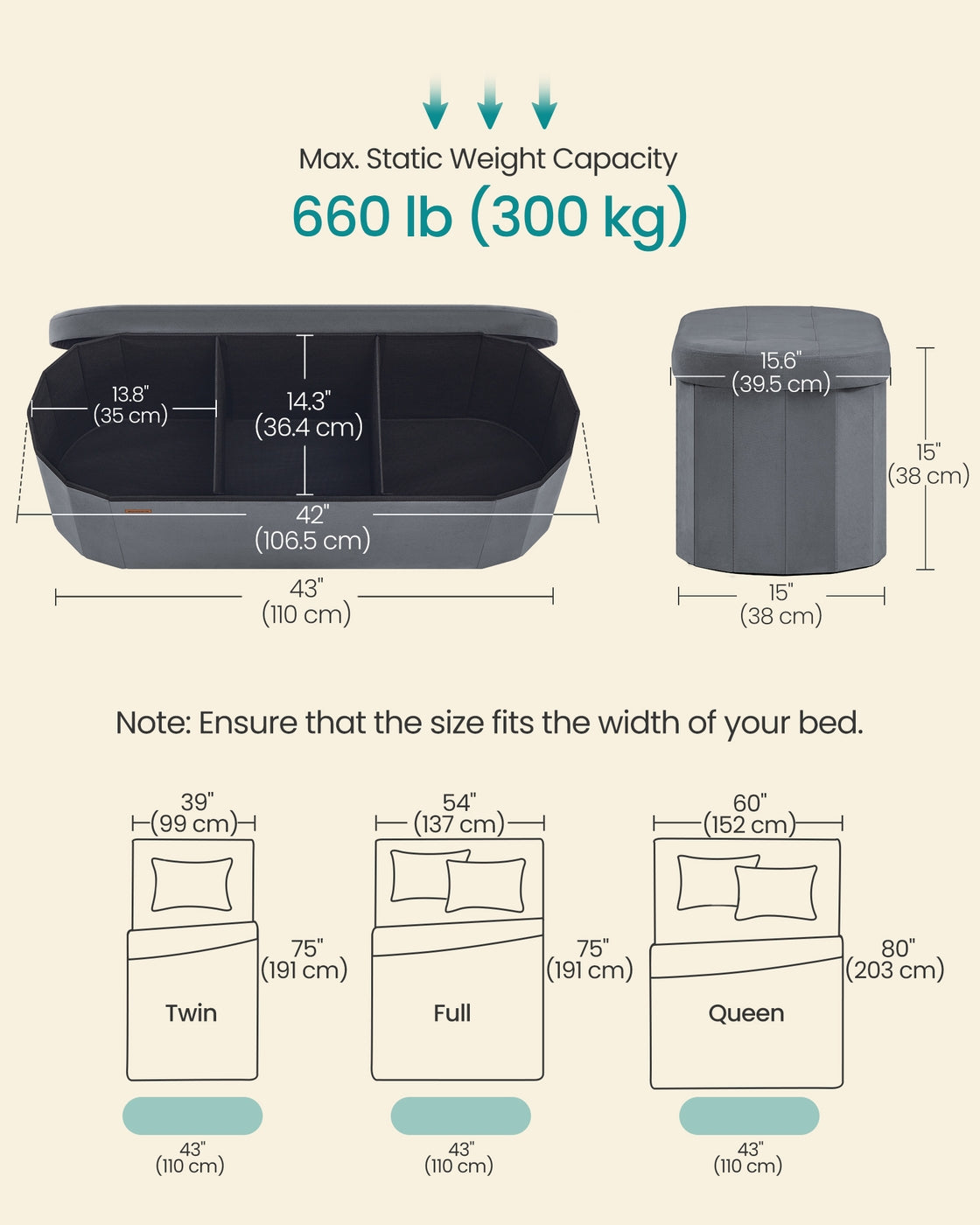 Storage Ottoman Bench - 110L - MDF, Velvet - Folding Design - Easy Assembly