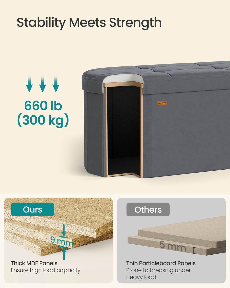 Storage Ottoman Bench - 110L - MDF, Velvet - Folding Design - Easy Assembly