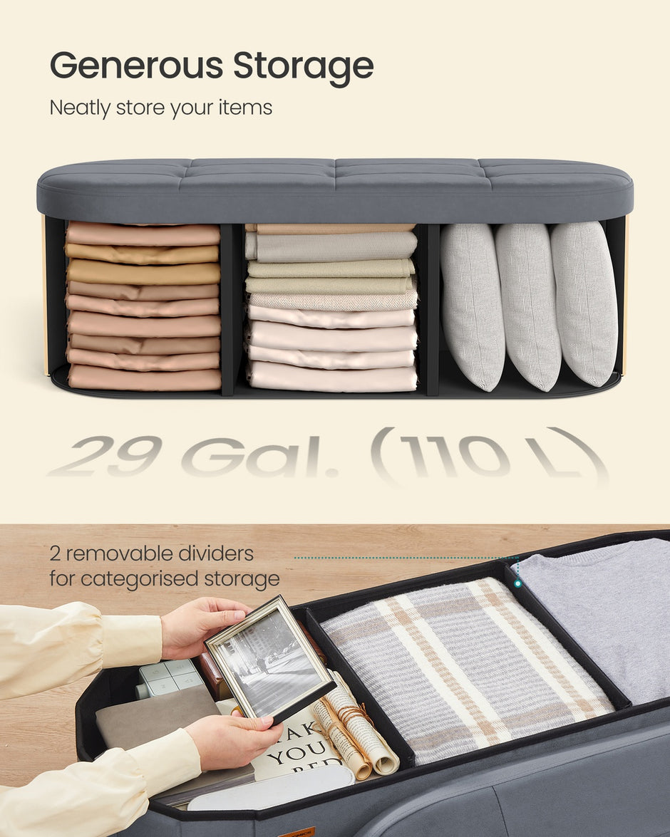 Storage Ottoman Bench - 110L - MDF, Velvet - Folding Design - Easy Assembly