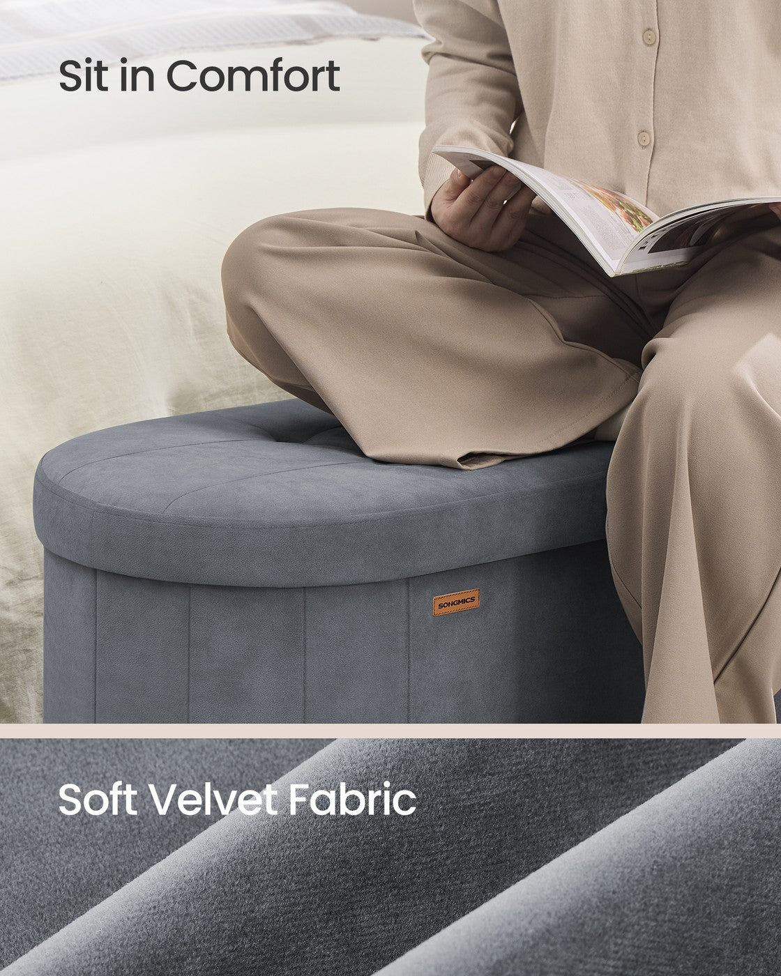 Storage Ottoman Bench - 110L - MDF, Velvet - Folding Design - Easy Assembly