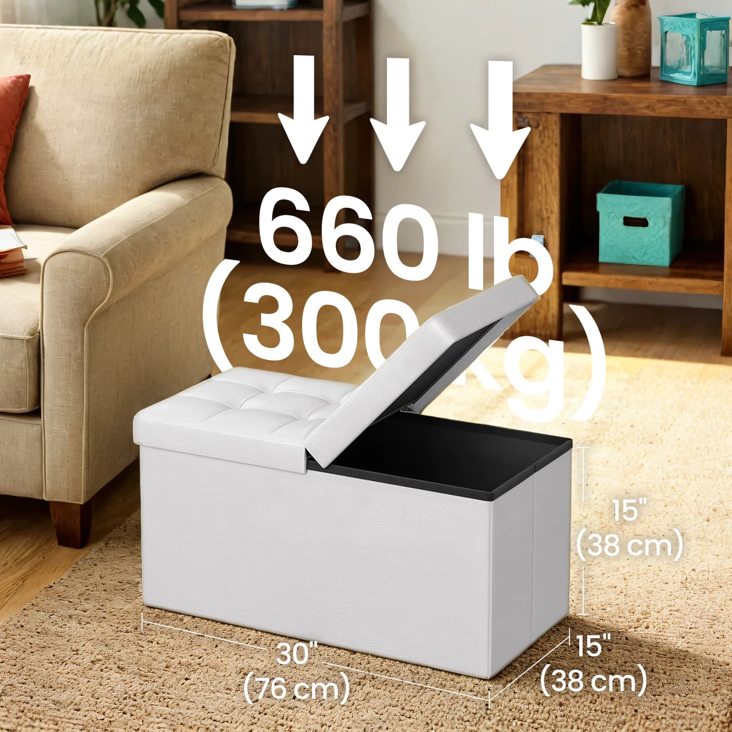 Ottoman Bench – PU Leather and Foam – Black – Folding with Storage Space