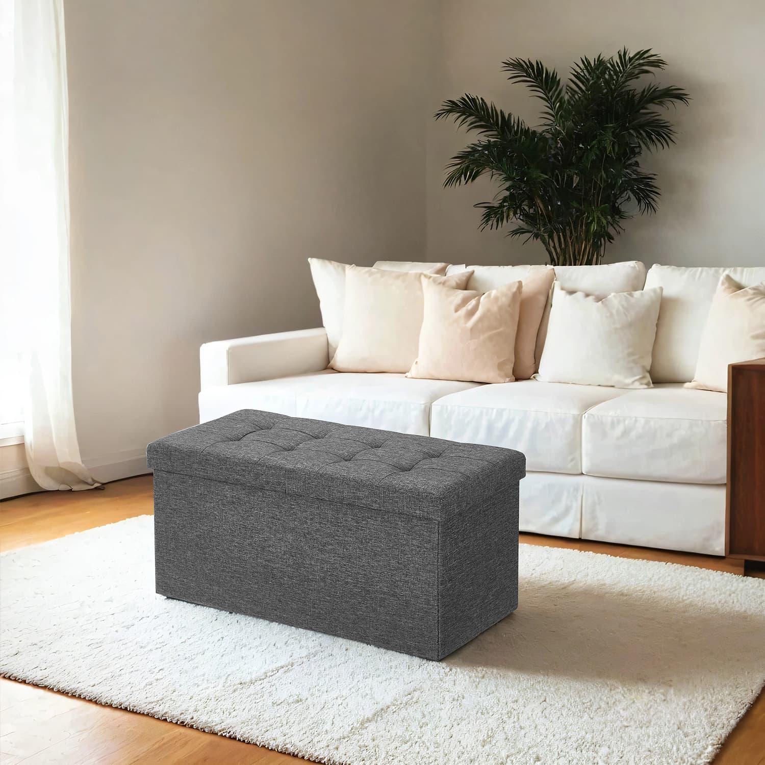 Linen Look Ottoman – Foam, MDF – Dark Grey – Folding Design, 80L Capacity