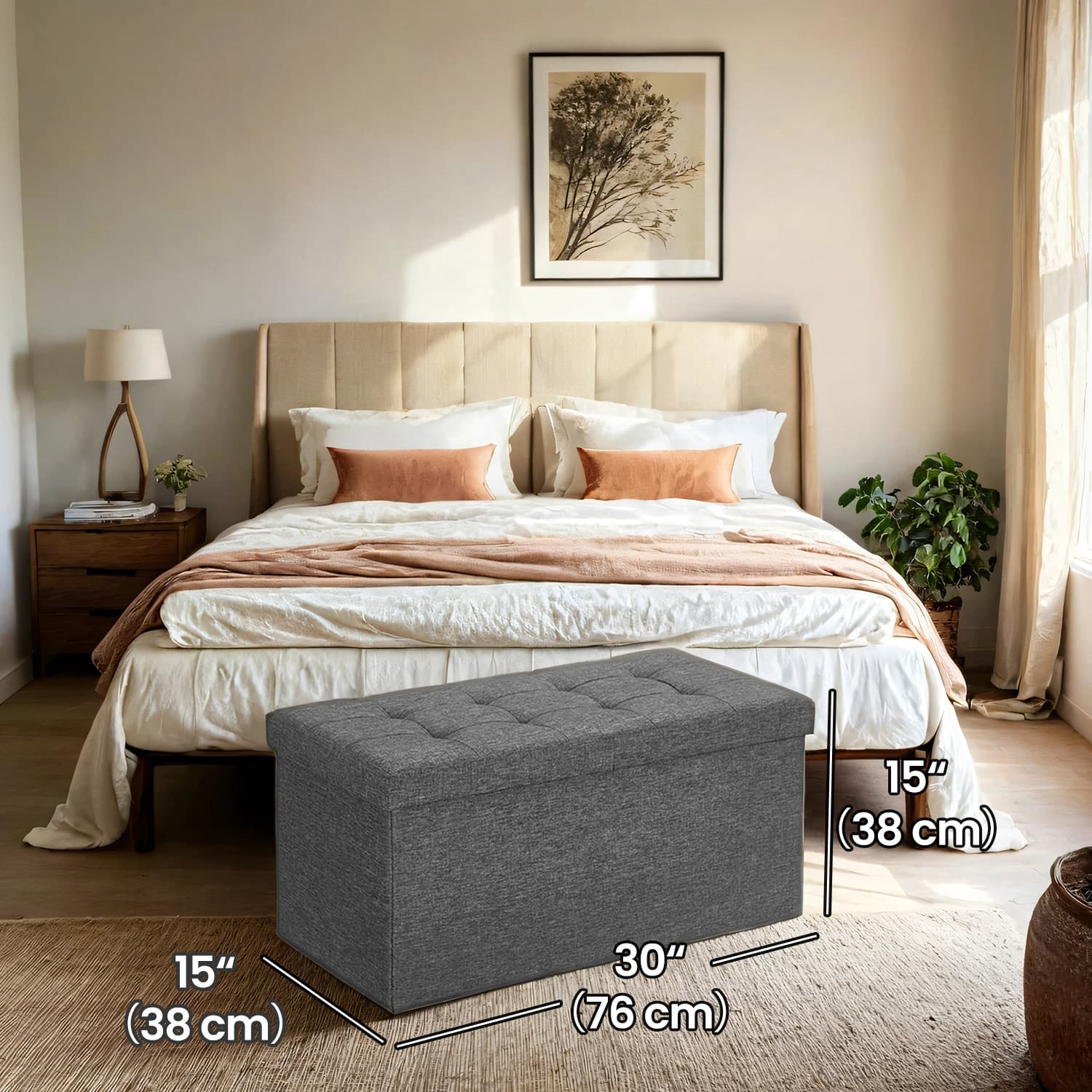 Linen Look Ottoman – Foam, MDF – Dark Grey – Folding Design, 80L Capacity