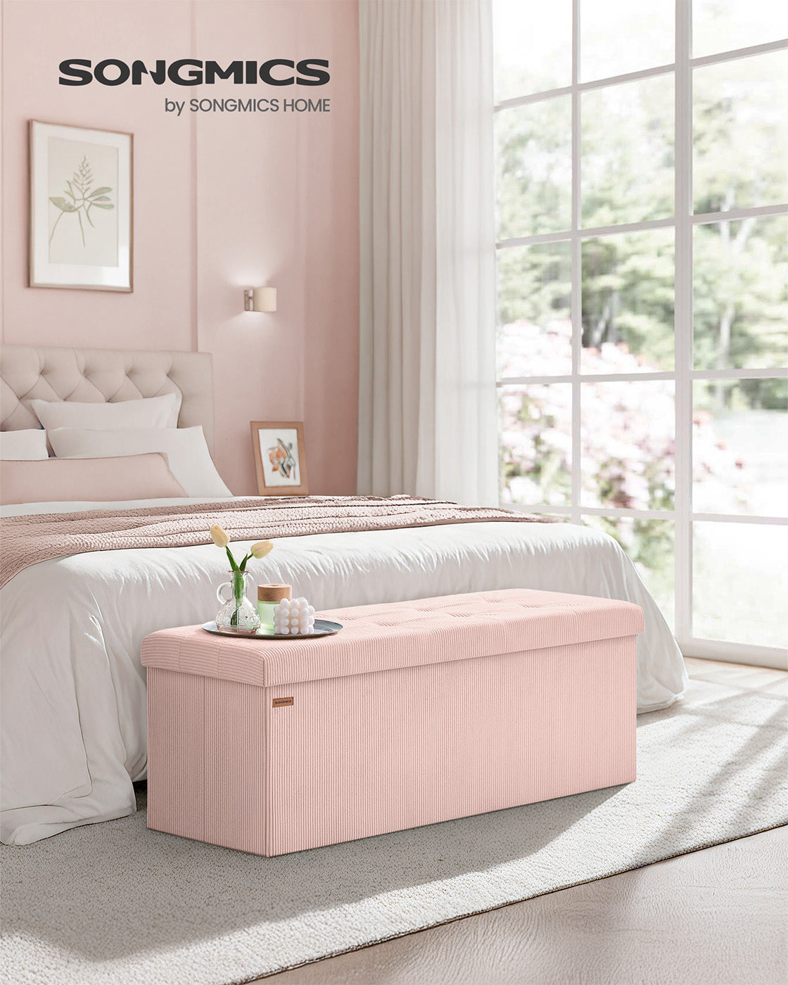 Foldable Storage Ottoman Bench – Fabric – Jelly Pink – Versatile Foot Rest and Storage Solution