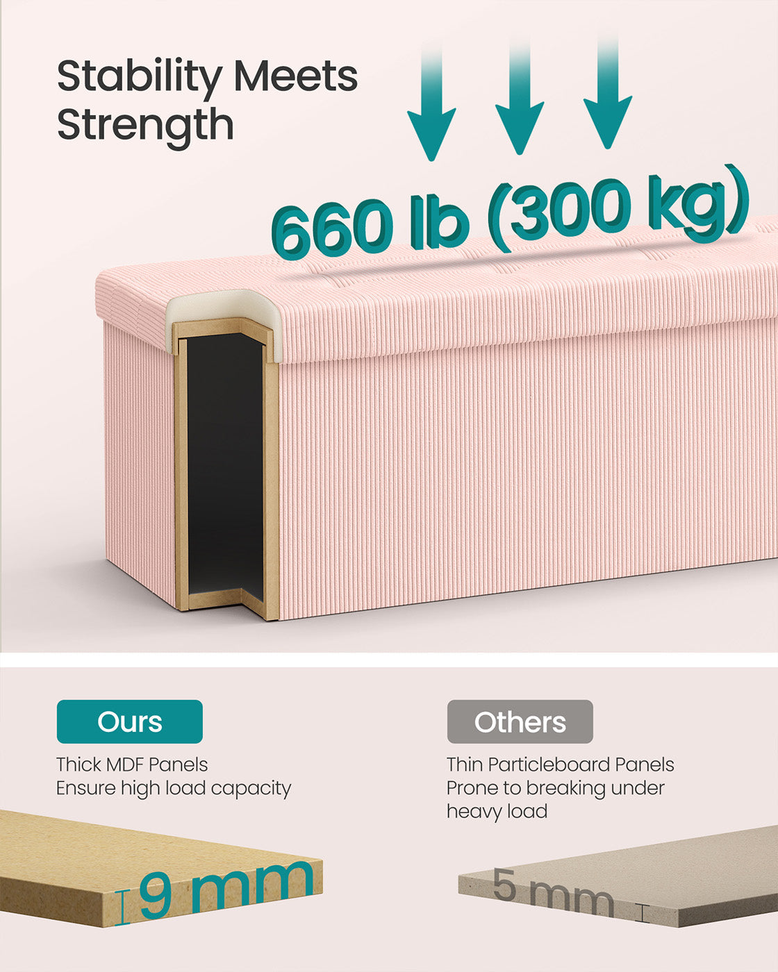 Foldable Storage Ottoman Bench – Fabric – Jelly Pink – Versatile Foot Rest and Storage Solution