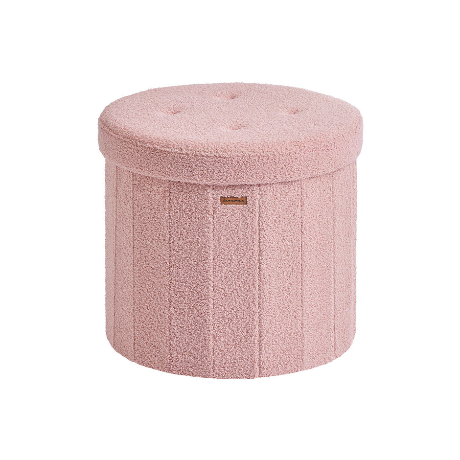 Round Storage Ottoman – Teddy Fleece – Jelly Pink – Foldable with Removable Lid