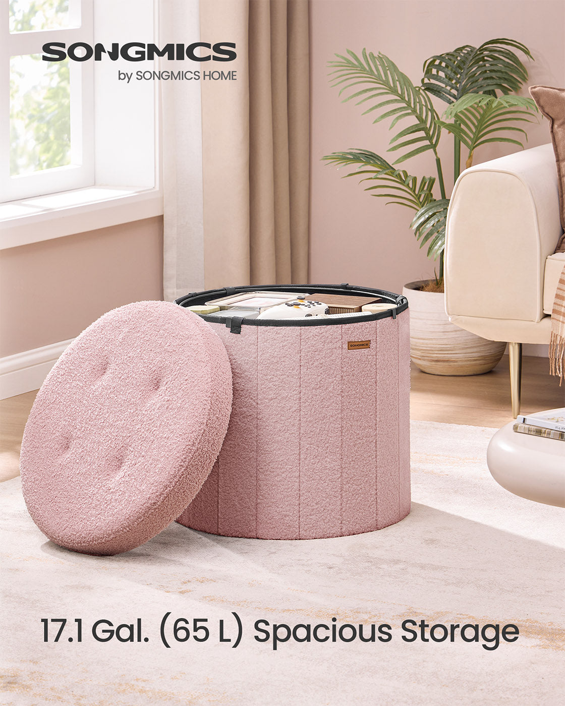 Round Storage Ottoman – Teddy Fleece – Jelly Pink – Foldable with Removable Lid