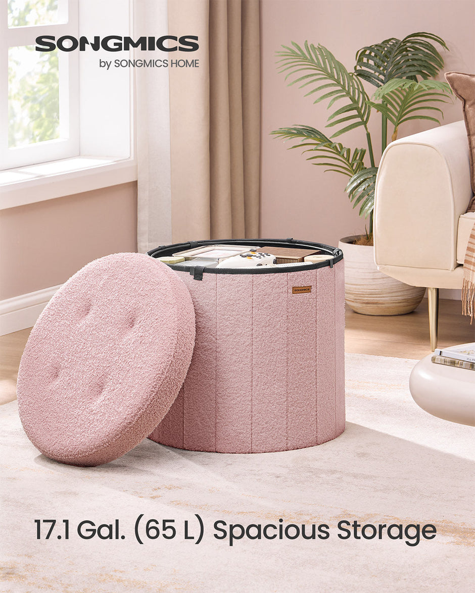 Round Storage Ottoman – Teddy Fleece – Jelly Pink – Foldable with Removable Lid