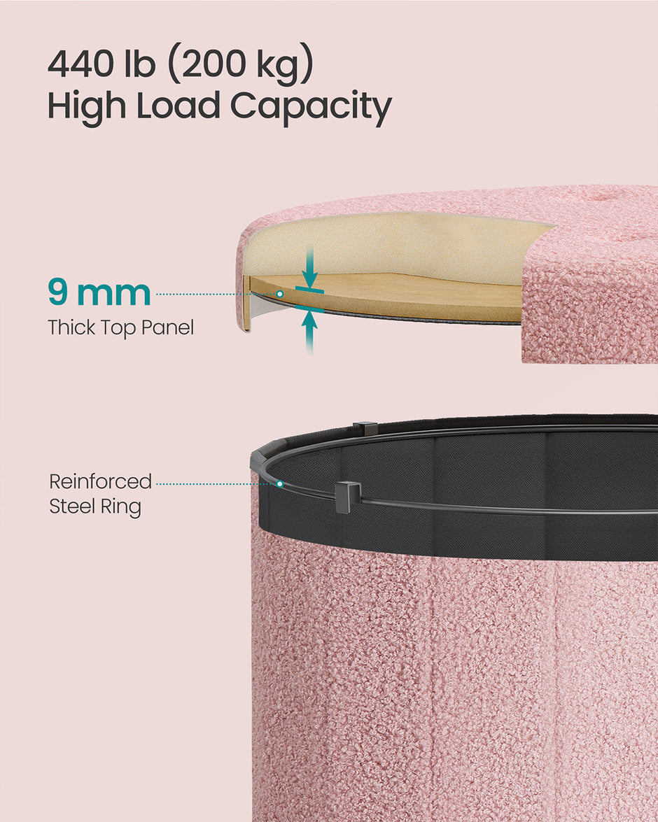 Round Storage Ottoman – Teddy Fleece – Jelly Pink – Foldable with Removable Lid