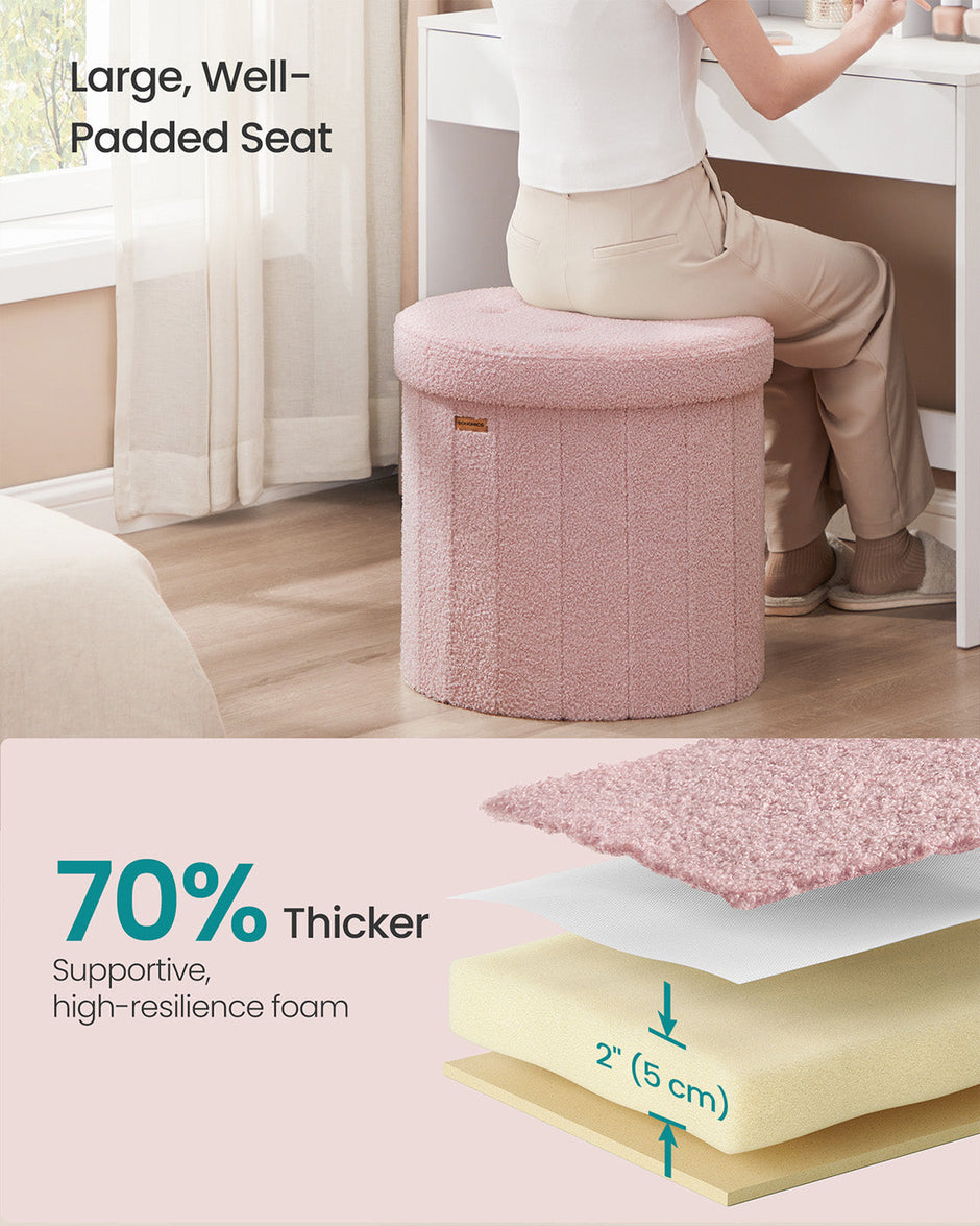 Round Storage Ottoman – Teddy Fleece – Jelly Pink – Foldable with Removable Lid