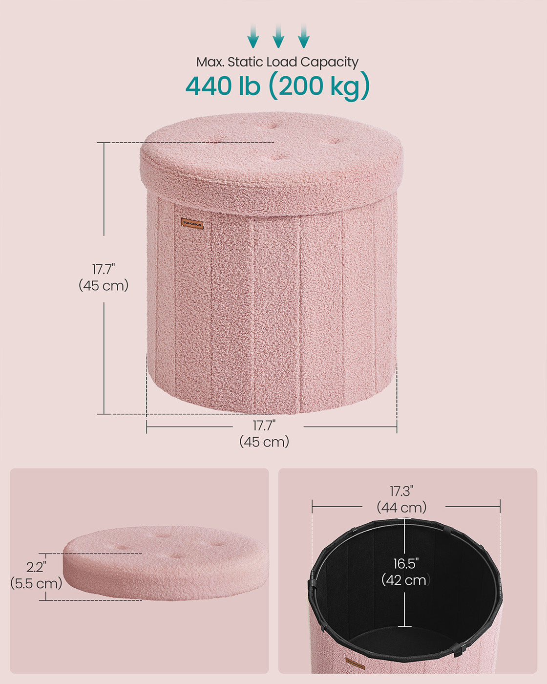 Round Storage Ottoman – Teddy Fleece – Jelly Pink – Foldable with Removable Lid