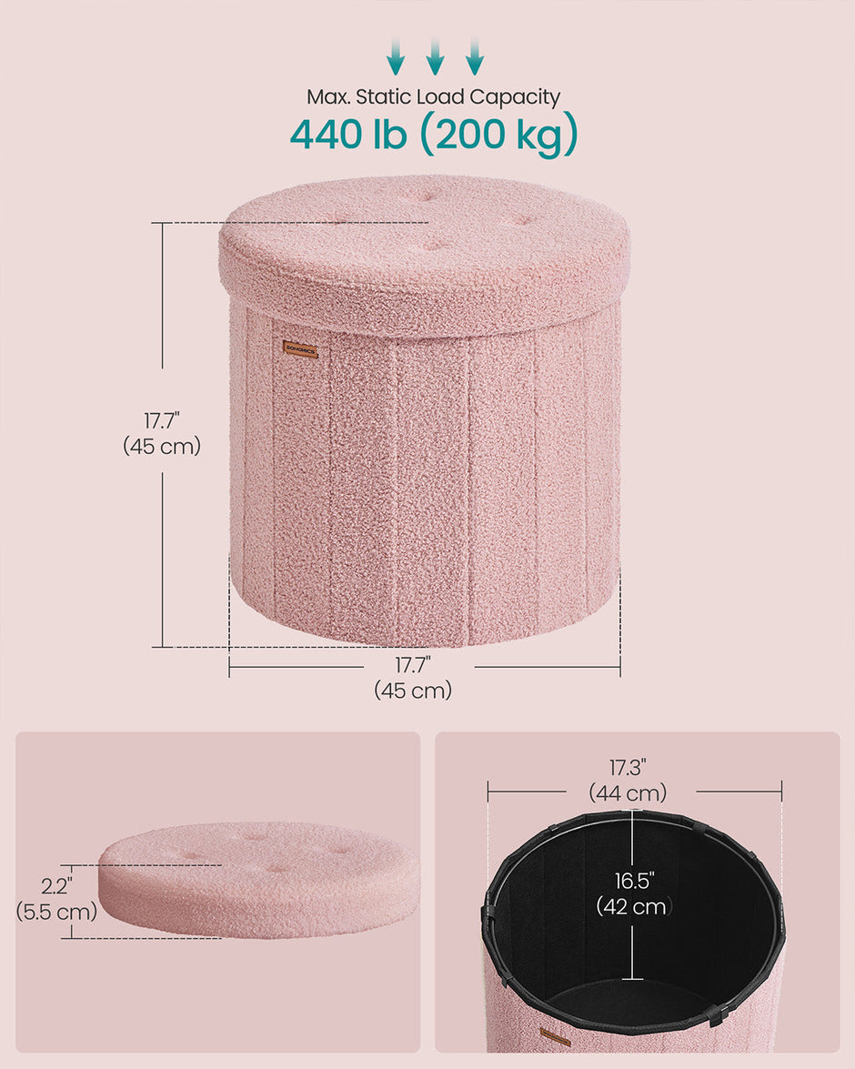 Round Storage Ottoman – Teddy Fleece – Jelly Pink – Foldable with Removable Lid