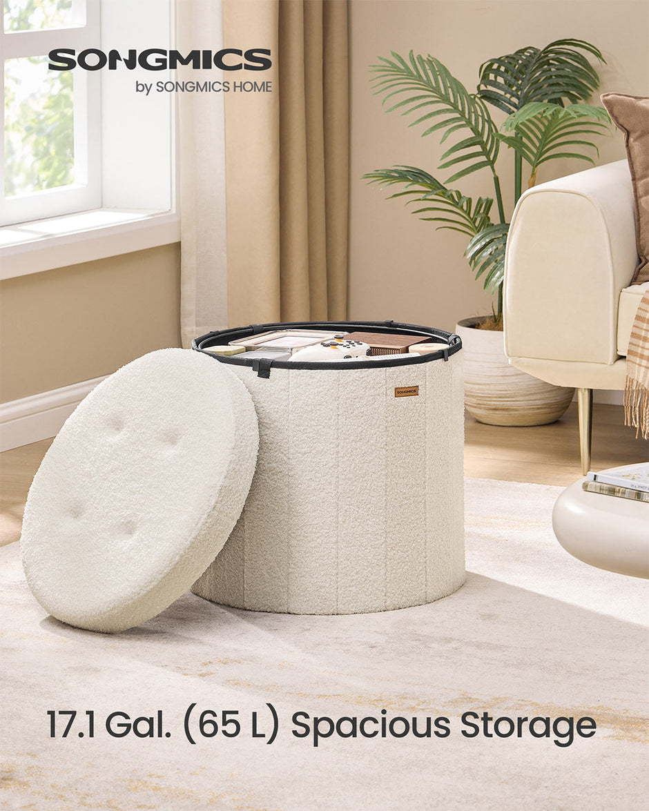 Round Storage Ottoman – Teddy Fleece – Jelly Pink – Foldable with Removable Lid
