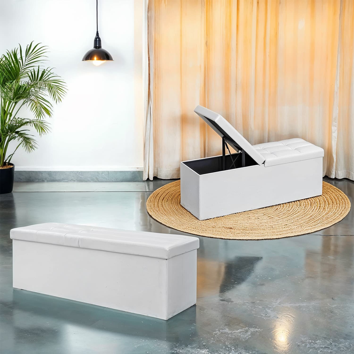 Folding Storage Ottoman Bench – Fabric – White – Foldable with High Load Capacity
