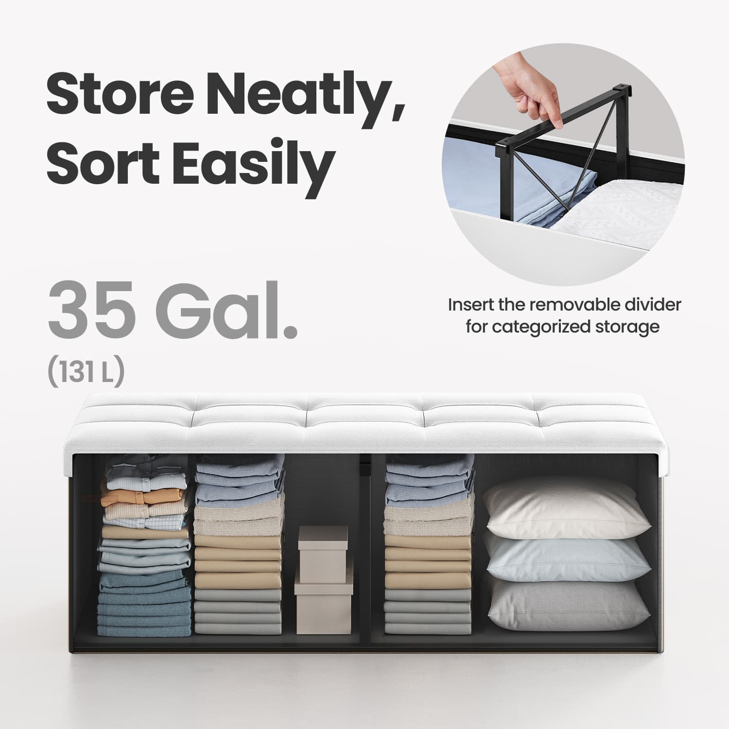 Folding Storage Ottoman Bench – Fabric – White – Foldable with High Load Capacity
