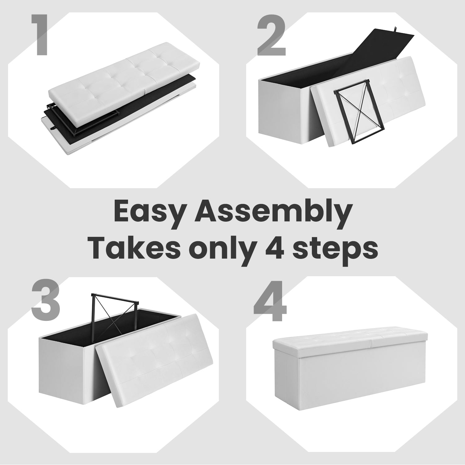 Folding Storage Ottoman Bench – Fabric – White – Foldable with High Load Capacity