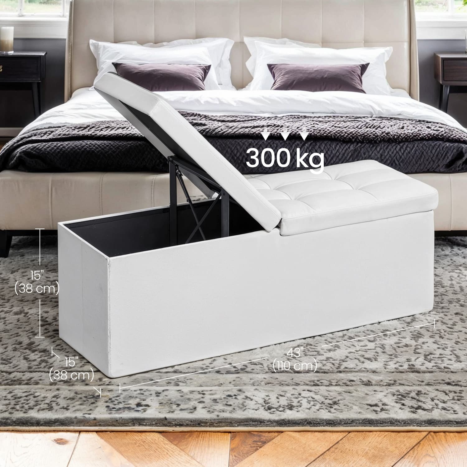 Folding Storage Ottoman Bench – Fabric – White – Foldable with High Load Capacity