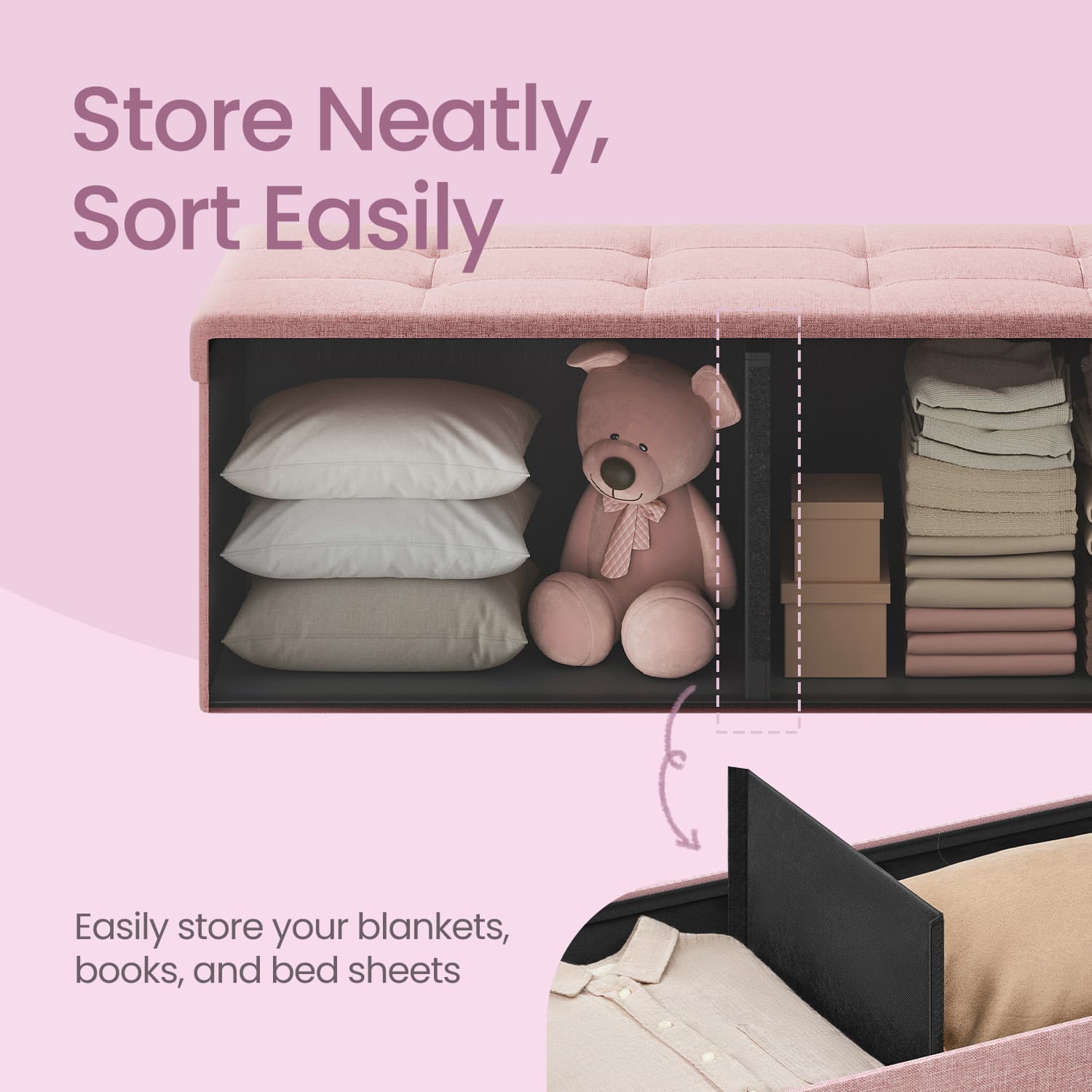 Storage Ottoman Bench – Fabric – Ink Black – Foldable with Storage, Suitable for Living Room and Bedroom